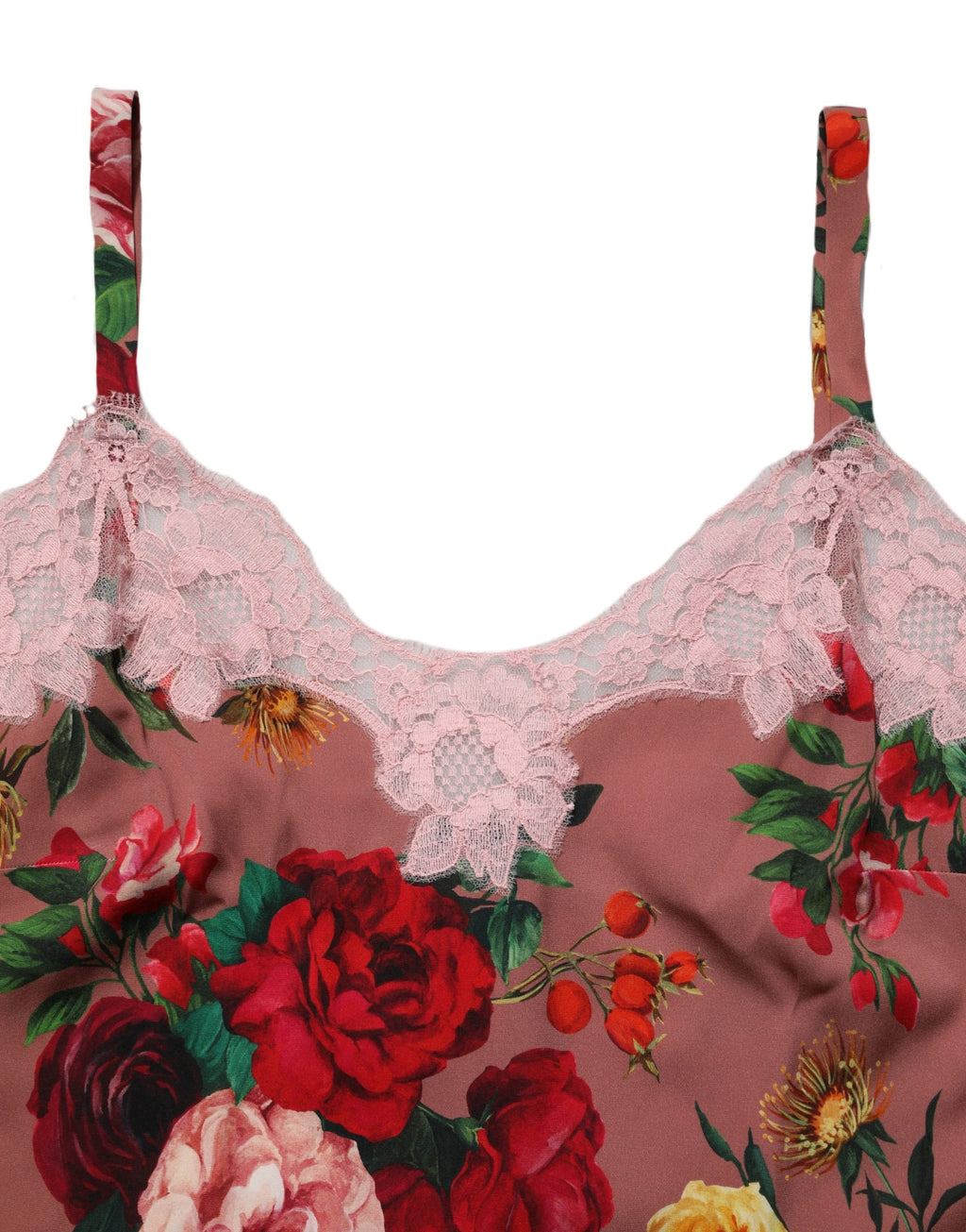Dolce & Gabbana Braunes Satin-Spitzentop mit Rosenprint