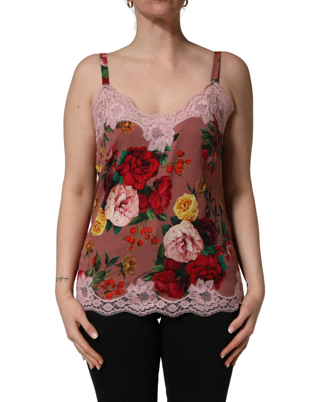 Dolce & Gabbana Braunes Satin-Spitzentop mit Rosenprint