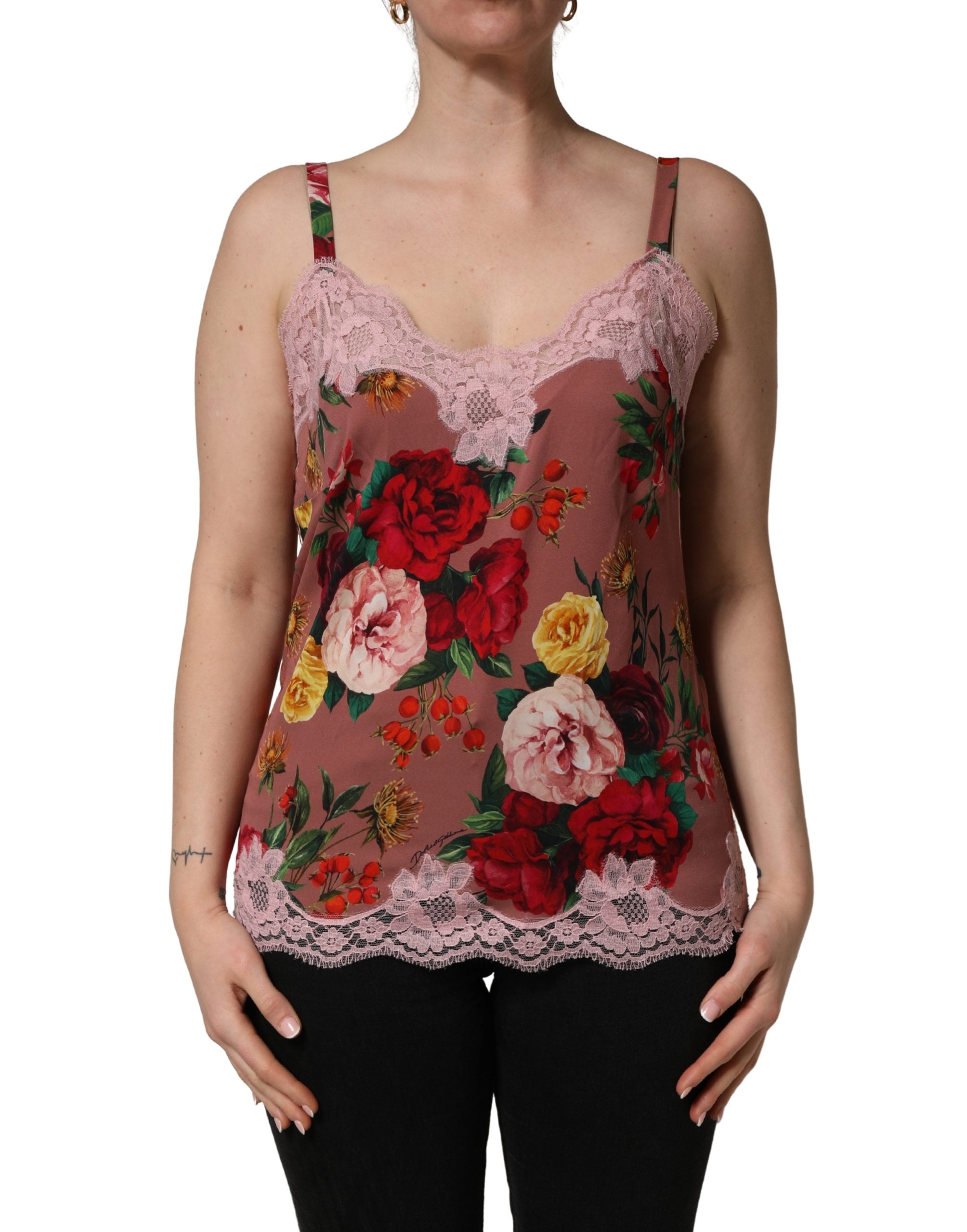 Dolce & Gabbana Braunes Satin-Spitzentop mit Rosenprint