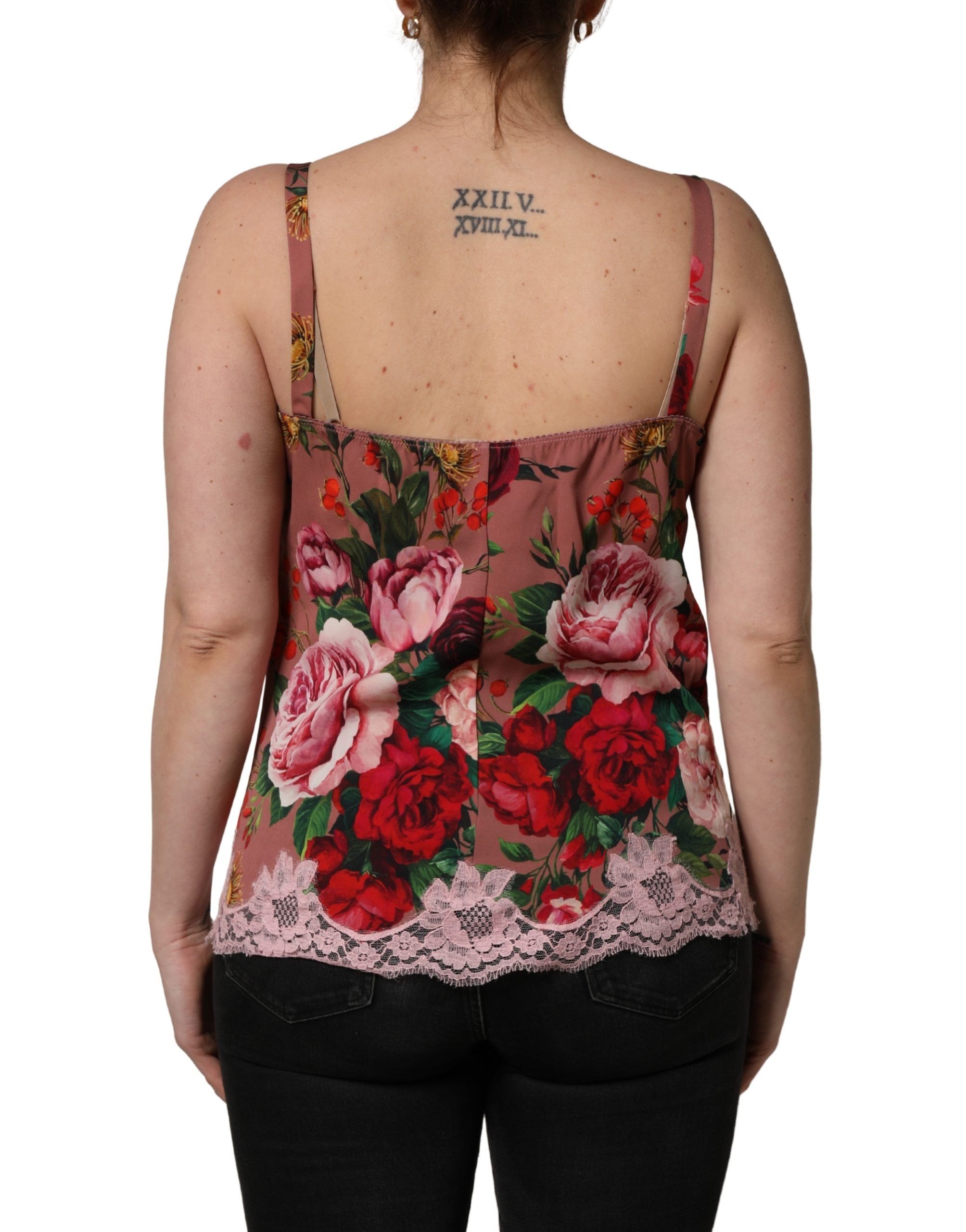 Dolce & Gabbana Braunes Satin-Spitzentop mit Rosenprint