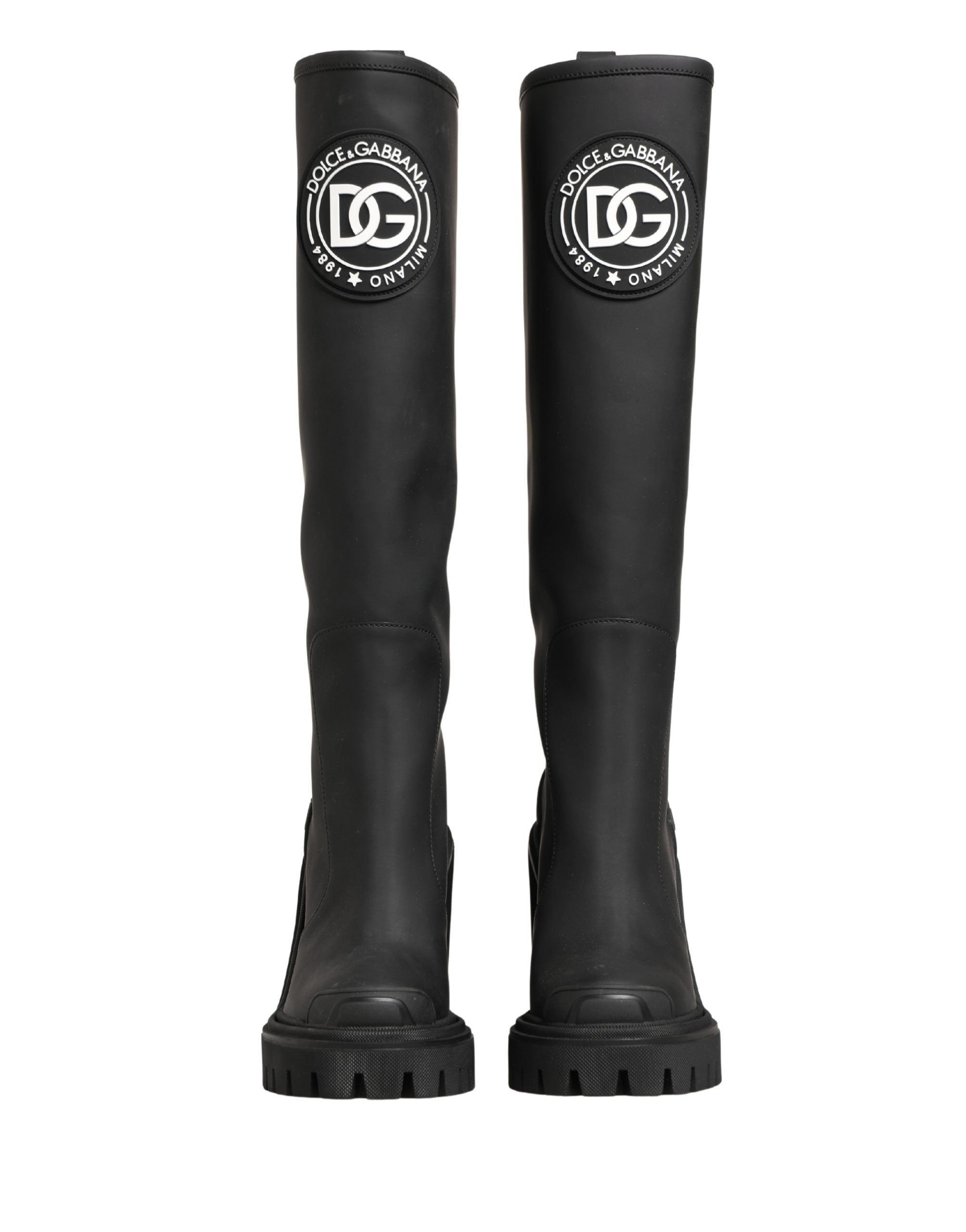 Dolce & Gabbana Schwarze Gummierte Leder High Boots Schuhe