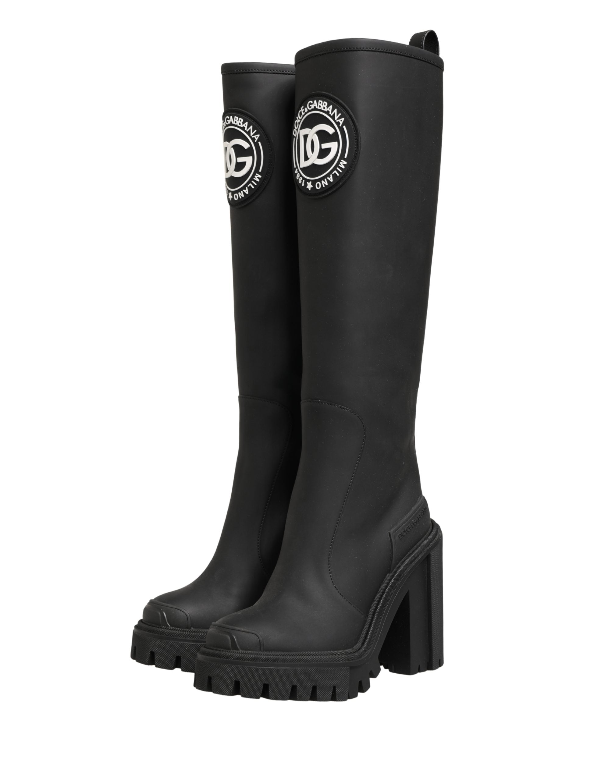 Dolce & Gabbana Schwarze Gummierte Leder High Boots Schuhe