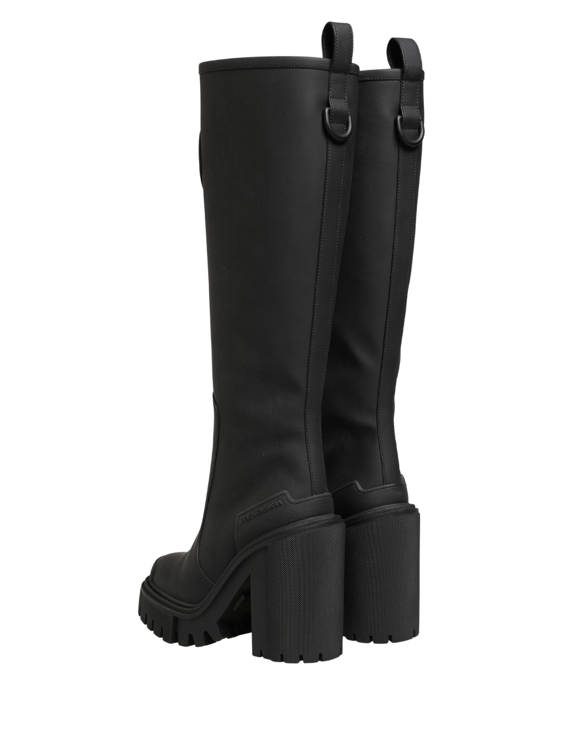 Dolce & Gabbana Schwarze Gummierte Leder High Boots Schuhe
