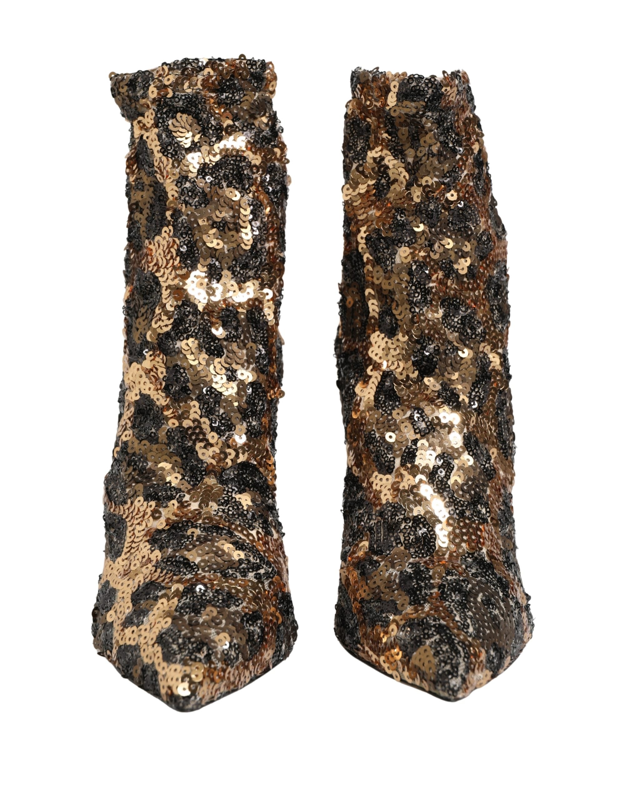 Dolce & Gabbana Gold Leopard Sequin Sock Ankle Boots Shoes