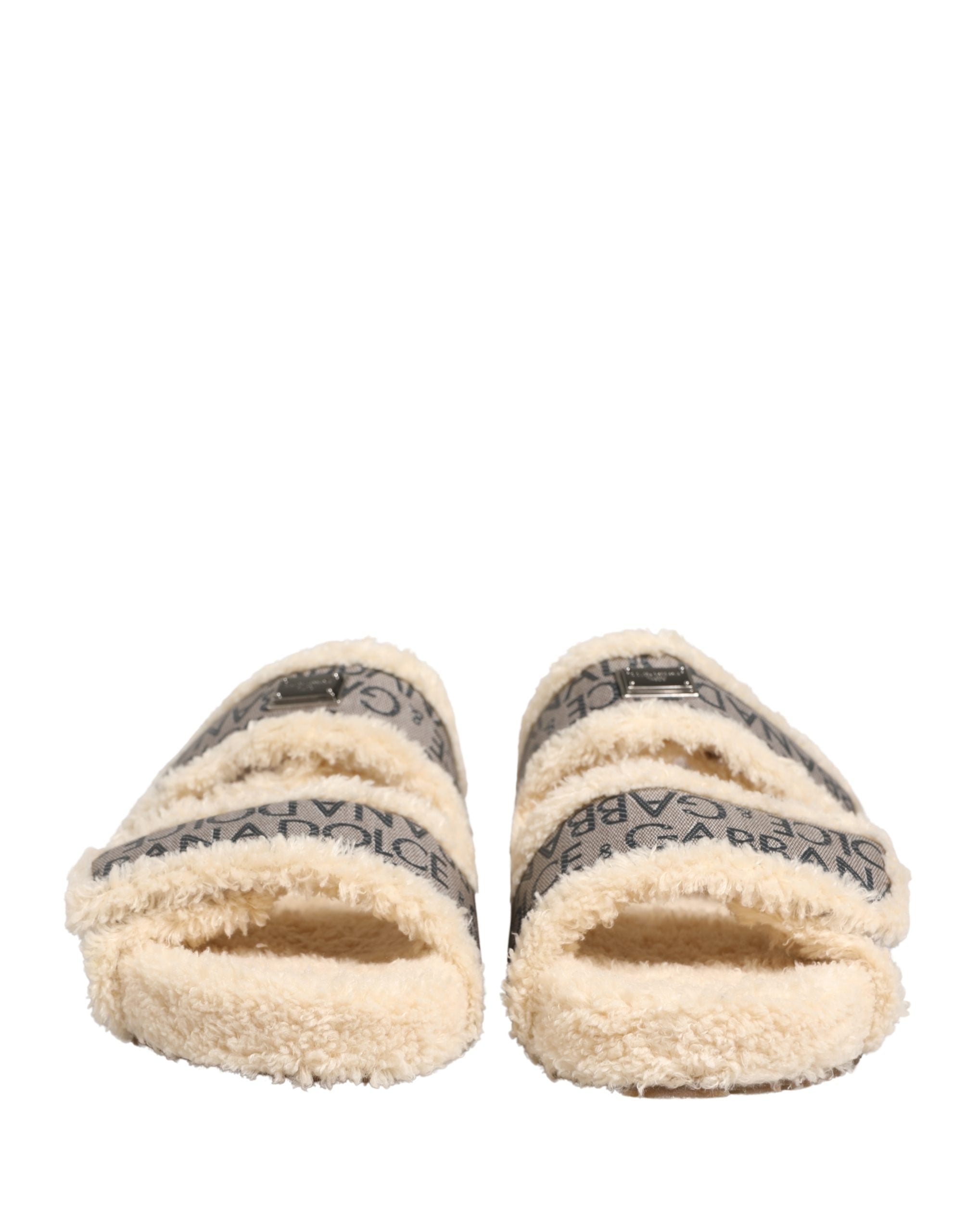 Dolce & Gabbana Beige Faux Fur Logo Print Flats Sandalen Schuhe