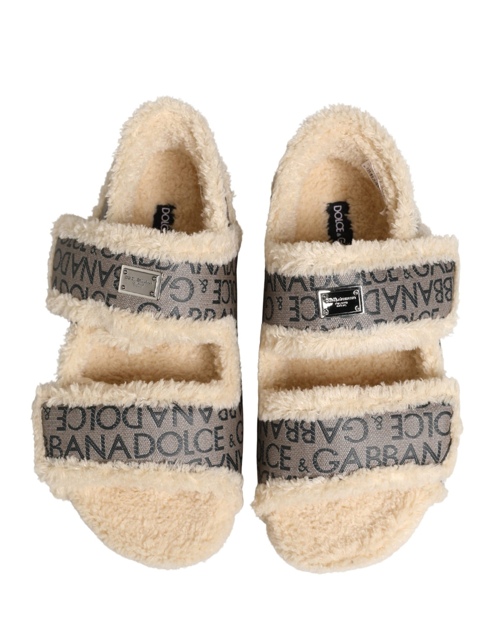 Dolce & Gabbana Beige Faux Fur Logo Print Flats Sandalen Schuhe