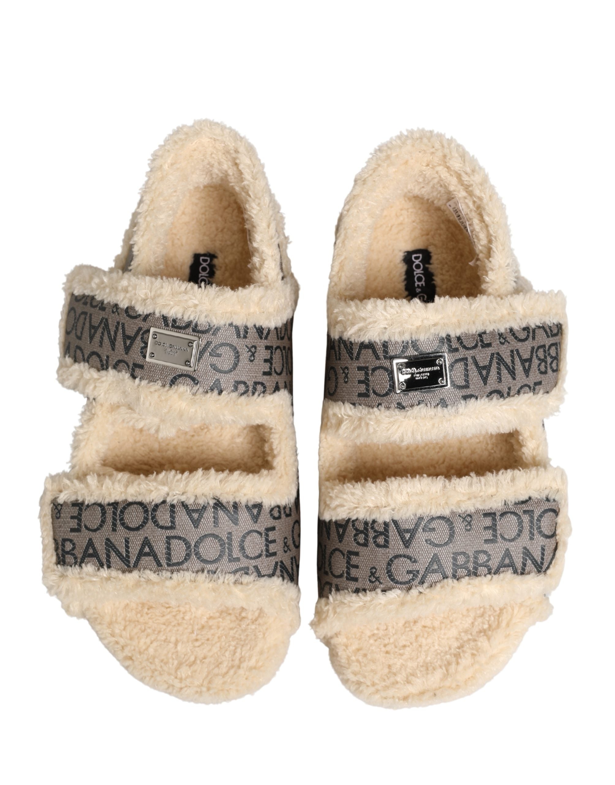 Dolce & Gabbana Beige Faux Fur Logo Print Flats Sandalen Schuhe