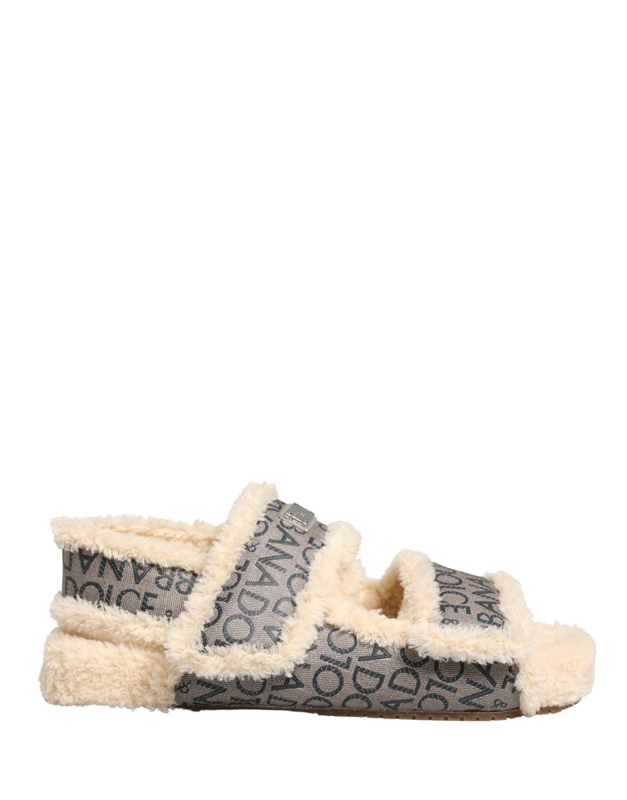 Dolce & Gabbana Beige Faux Fur Logo Print Flats Sandalen Schuhe