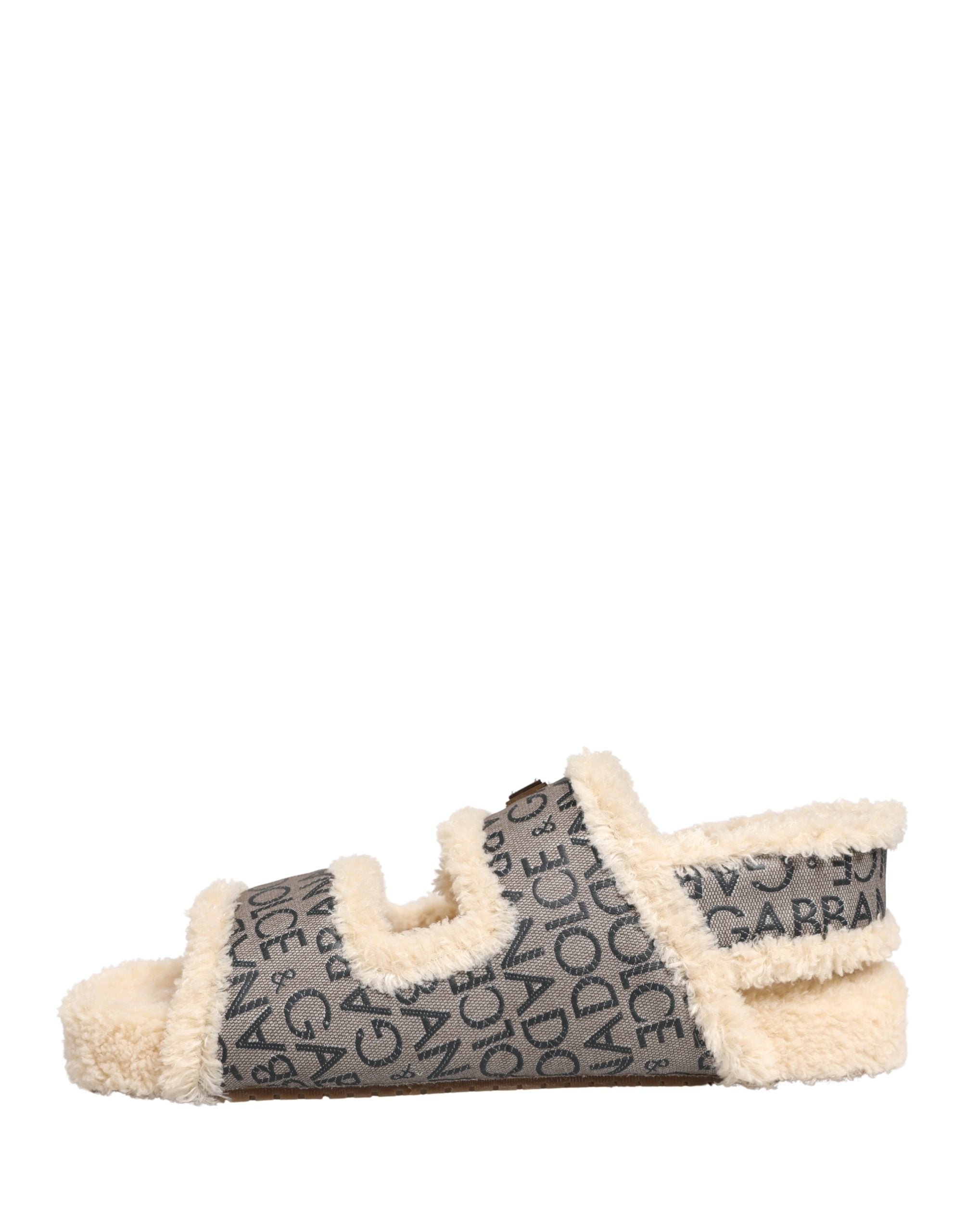 Dolce & Gabbana Beige Faux Fur Logo Print Flats Sandalen Schuhe