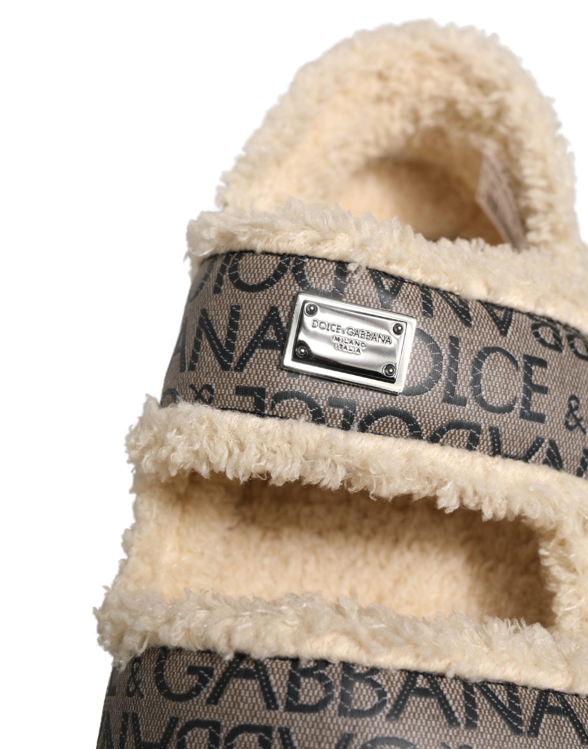 Dolce & Gabbana Beige Faux Fur Logo Print Flats Sandalen Schuhe