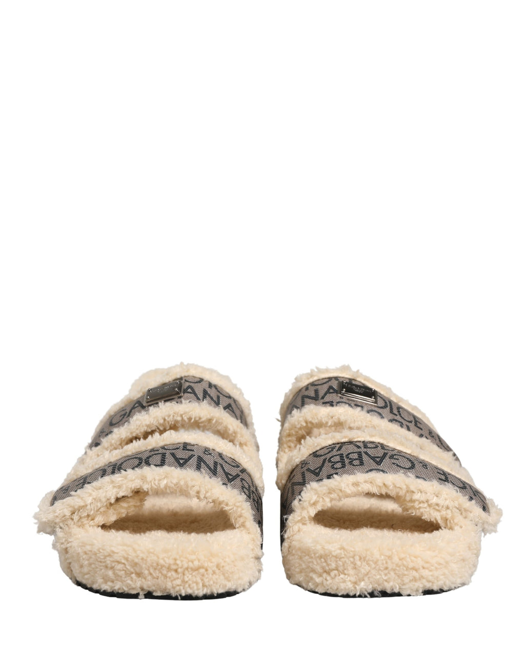Dolce & Gabbana Beige Faux Fur Logo Print Flats Sandalen Schuhe