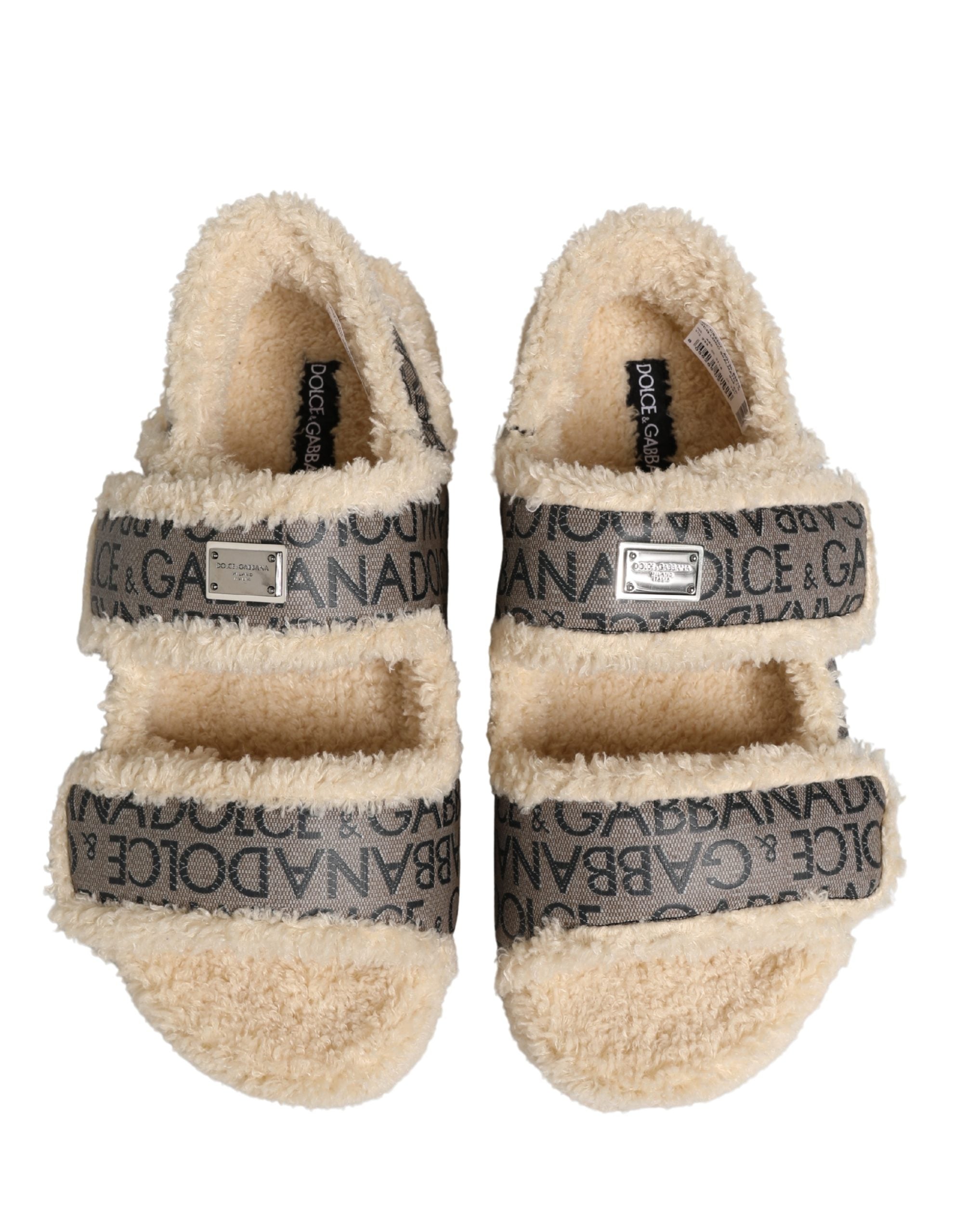 Dolce & Gabbana Beige Faux Fur Logo Print Flats Sandalen Schuhe