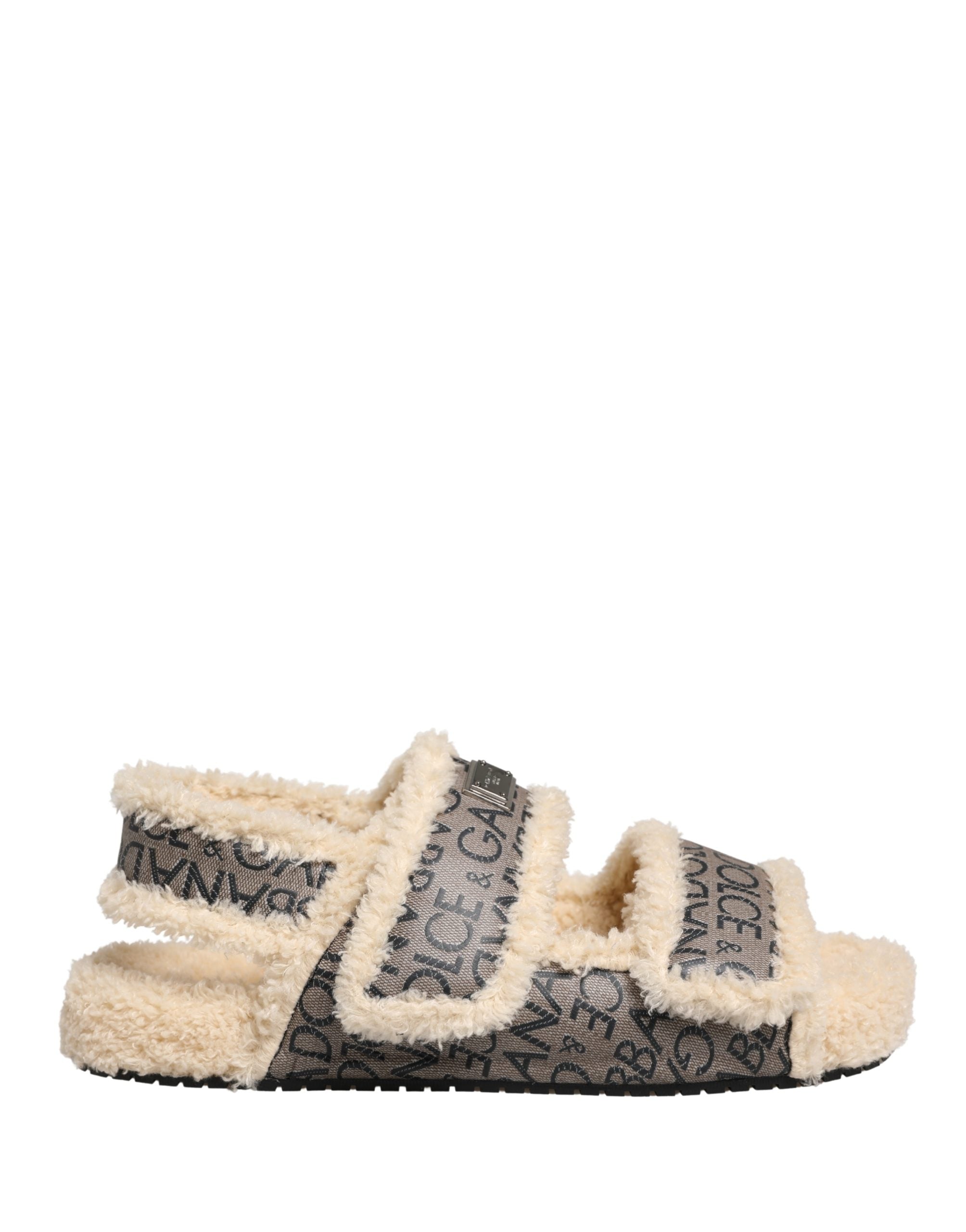 Dolce & Gabbana Beige Faux Fur Logo Print Flats Sandalen Schuhe