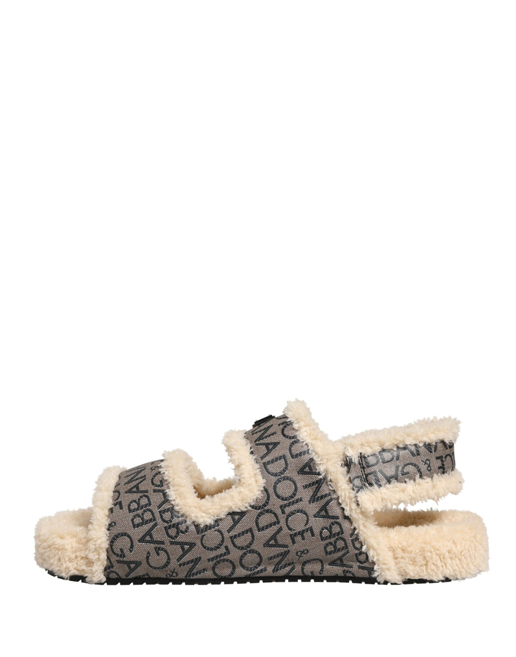 Dolce & Gabbana Beige Faux Fur Logo Print Flats Sandalen Schuhe