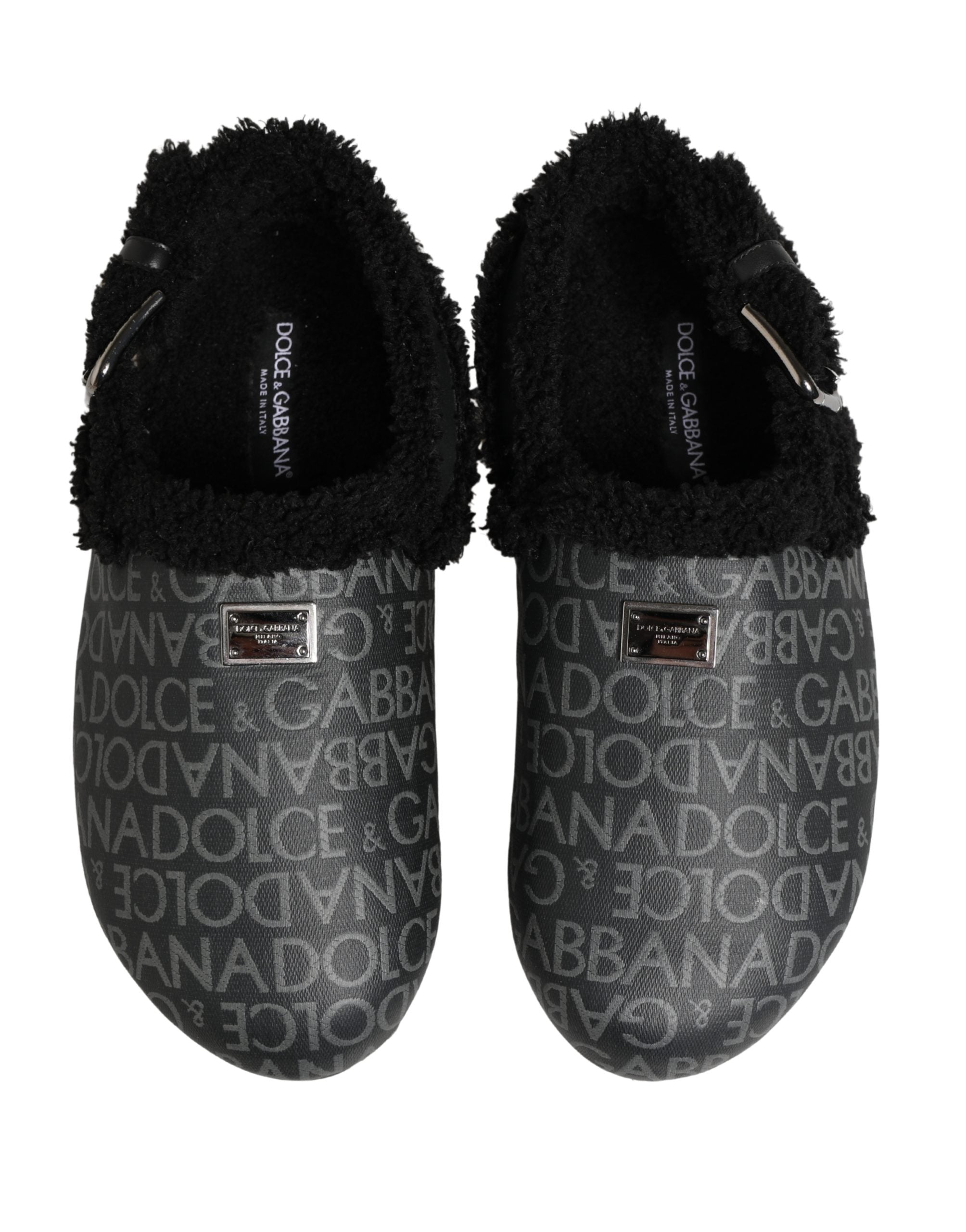 Dolce & Gabbana Graue Kunstpelz Jacquard Mules Sandalen Schuhe