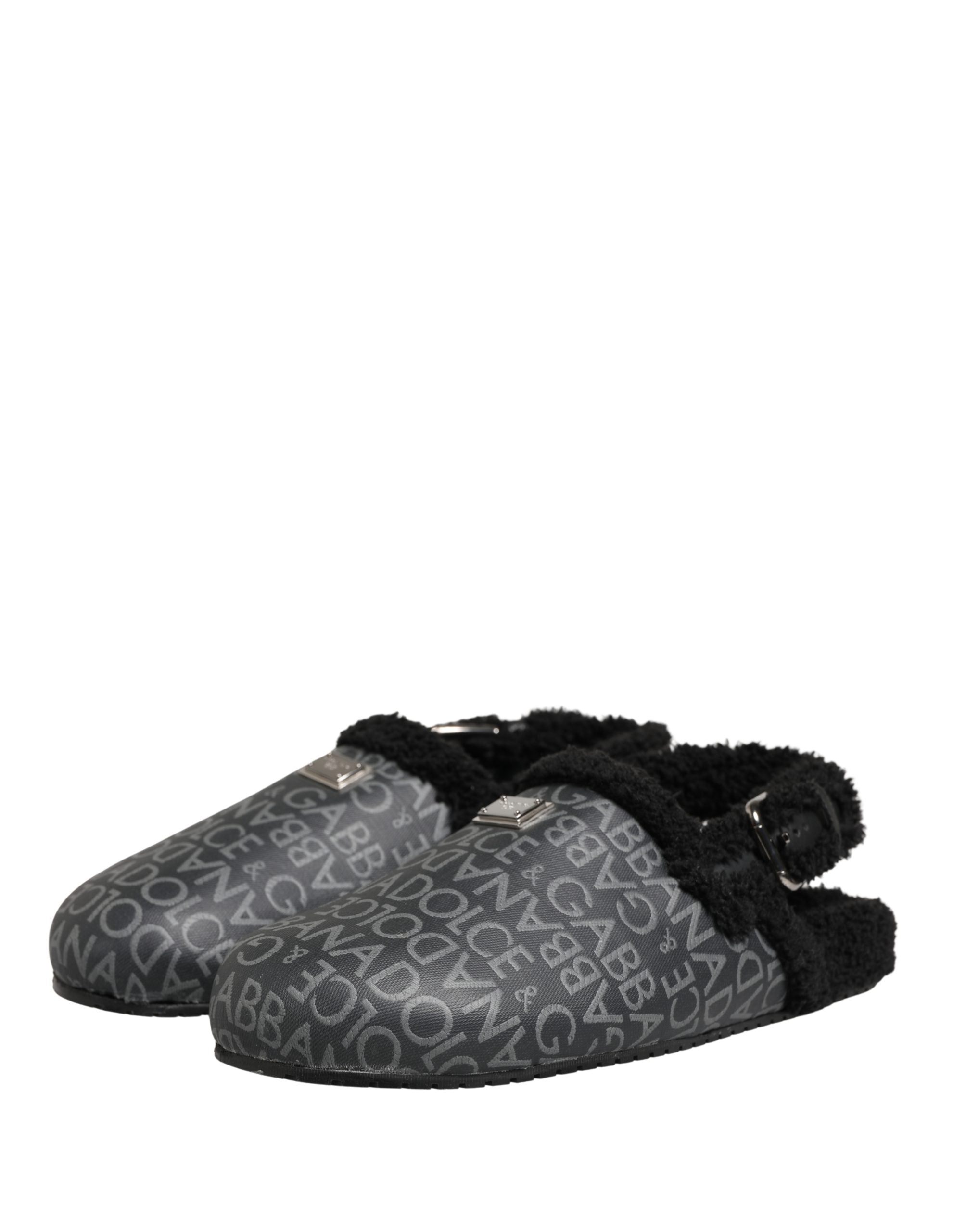 Dolce & Gabbana Graue Kunstpelz Jacquard Mules Sandalen Schuhe