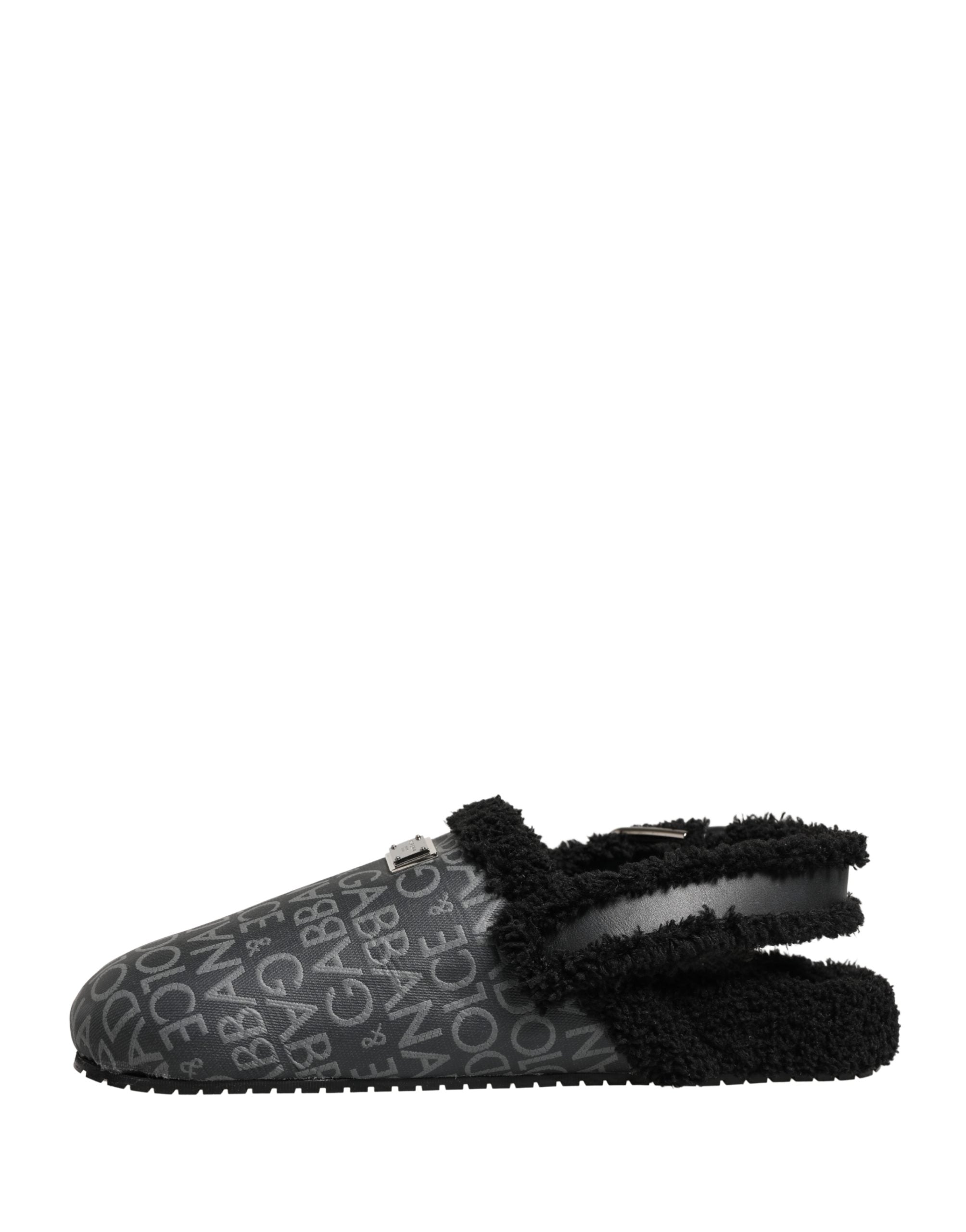 Dolce & Gabbana Graue Kunstpelz Jacquard Mules Sandalen Schuhe