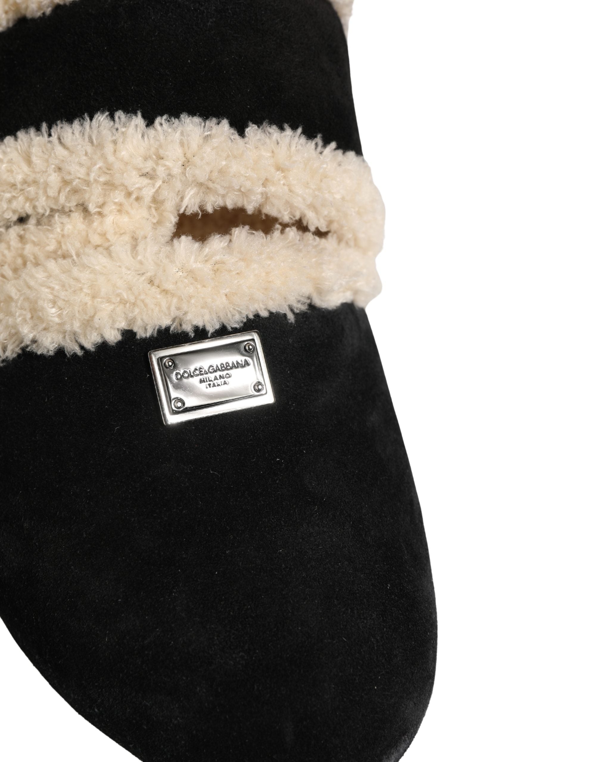 Dolce & Gabbana Beige Schwarze Faux Fur Pantoletten Herren Sandalen Schuhe