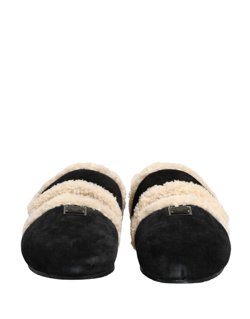 Dolce & Gabbana Beige Schwarze Faux Fur Pantoletten Herren Sandalen Schuhe