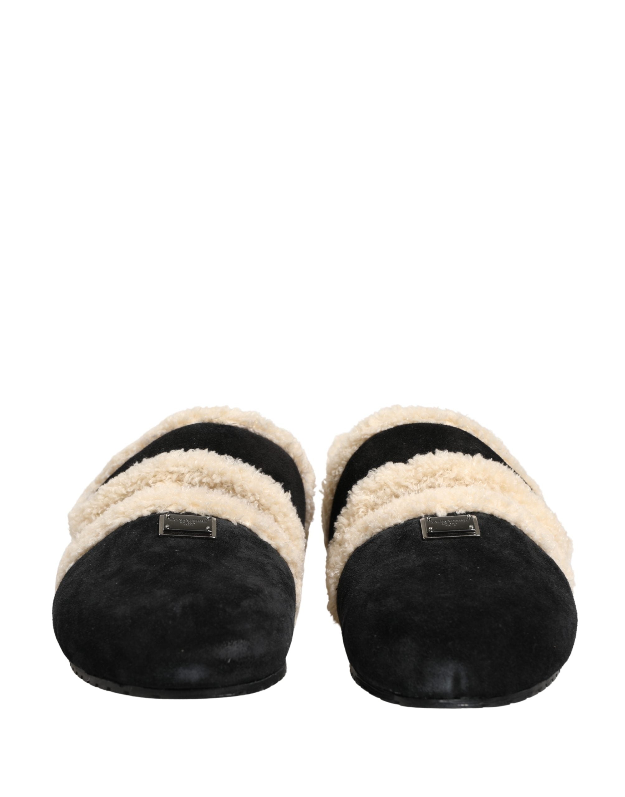 Dolce & Gabbana Beige Schwarze Faux Fur Pantoletten Herren Sandalen Schuhe