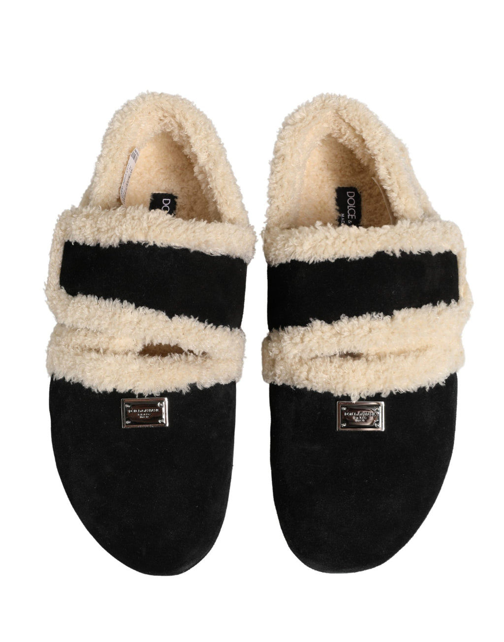 Dolce & Gabbana Beige Schwarze Faux Fur Pantoletten Herren Sandalen Schuhe