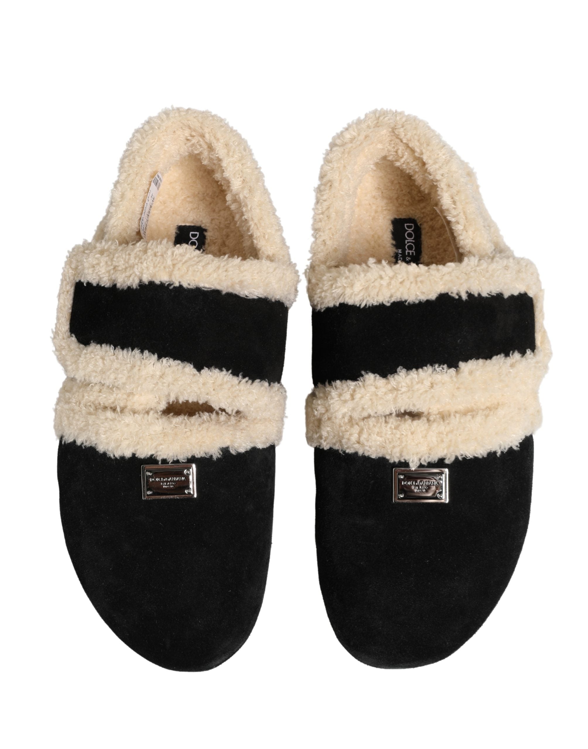 Dolce & Gabbana Beige Schwarze Faux Fur Pantoletten Herren Sandalen Schuhe