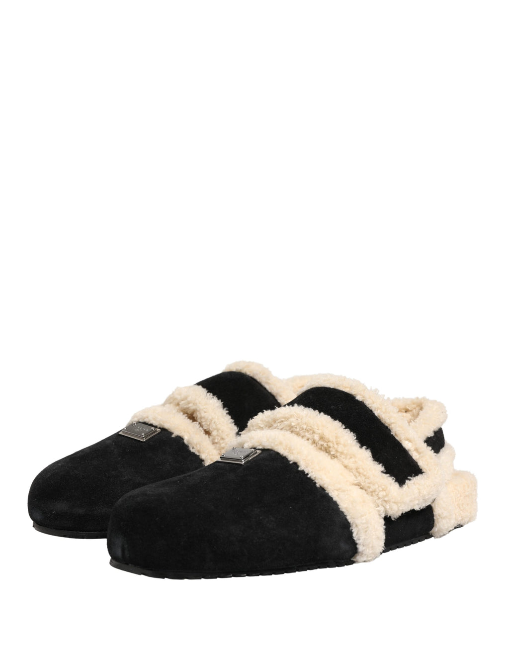 Dolce & Gabbana Beige Schwarze Faux Fur Pantoletten Herren Sandalen Schuhe