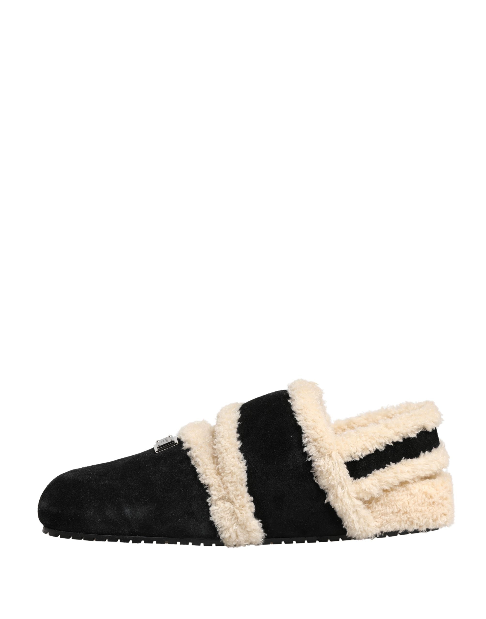 Dolce & Gabbana Beige Schwarze Faux Fur Pantoletten Herren Sandalen Schuhe