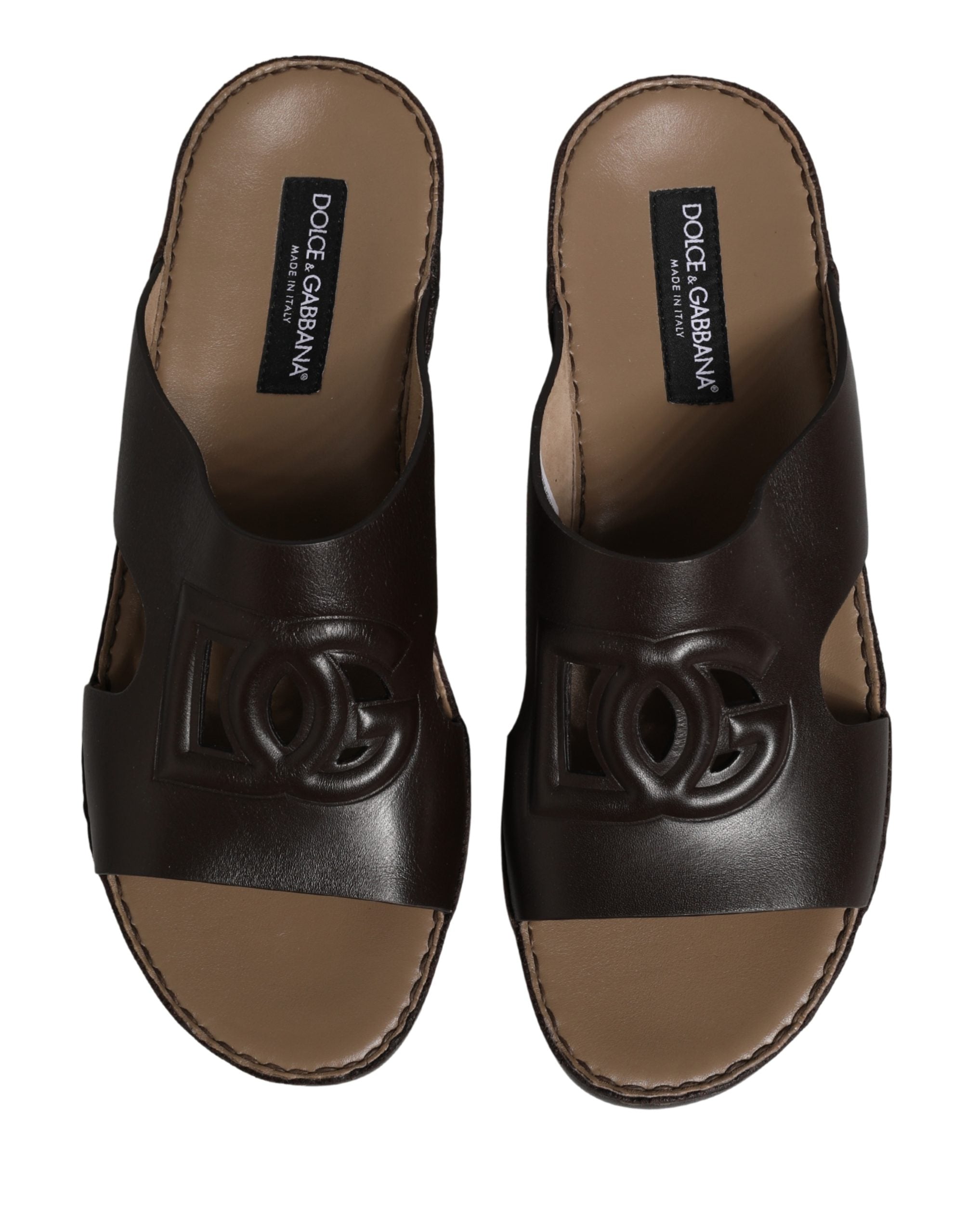 Dolce & Gabbana Braune Leder Pantoletten mit DG Logo Ausschnitt