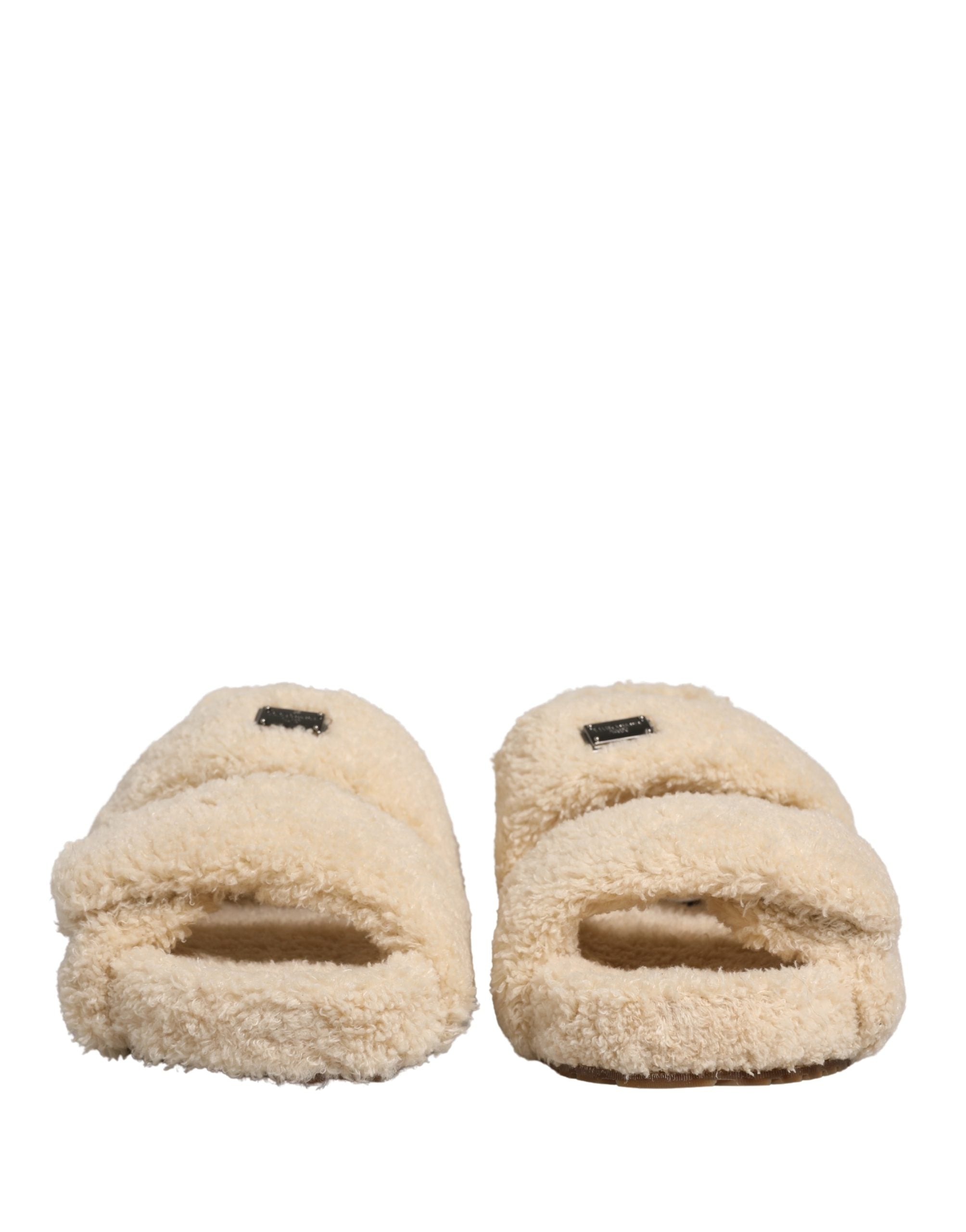 Dolce & Gabbana Beige Faux Fur Slides Herren Pantoletten Schuhe