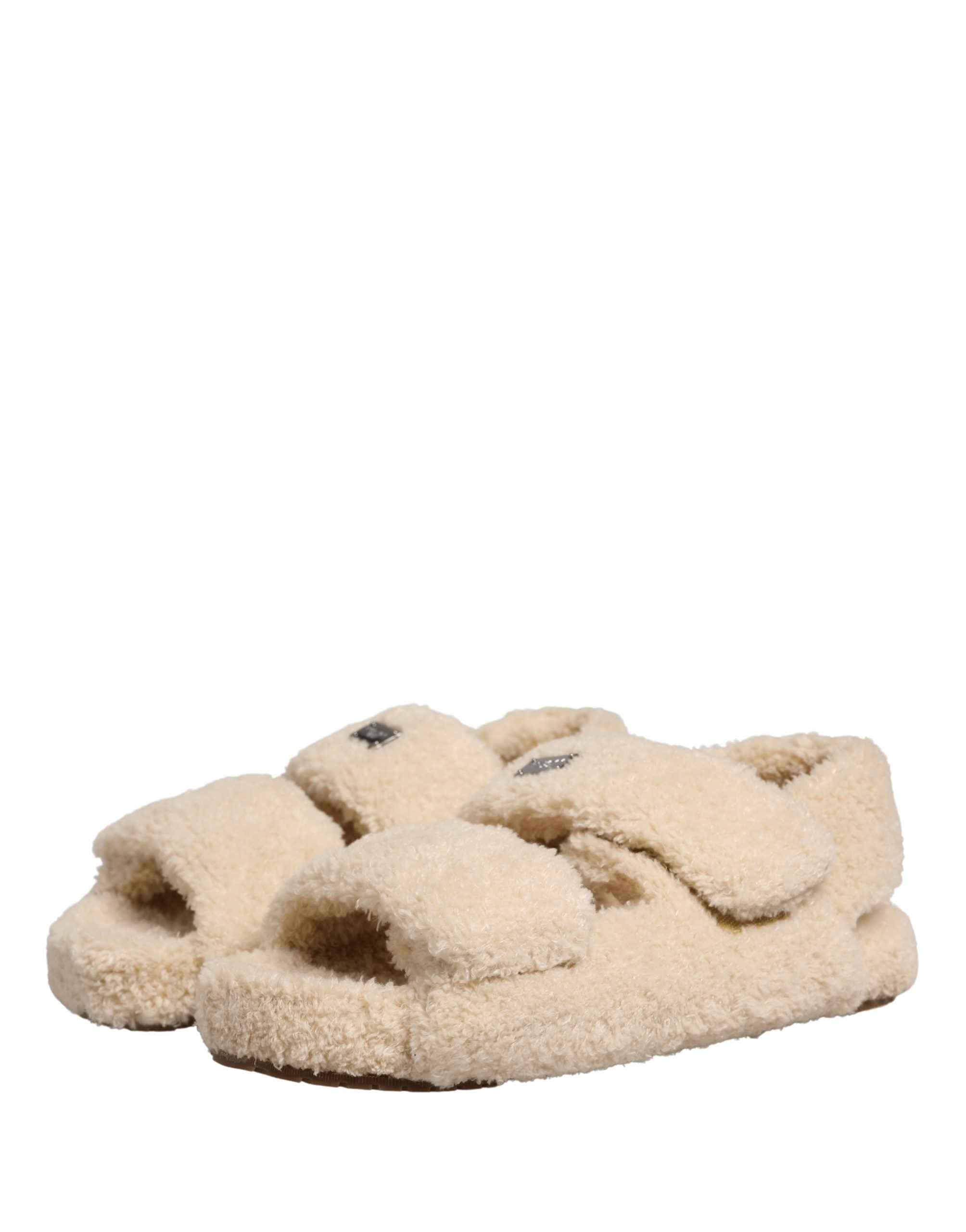 Dolce & Gabbana Beige Faux Fur Slides Herren Pantoletten Schuhe