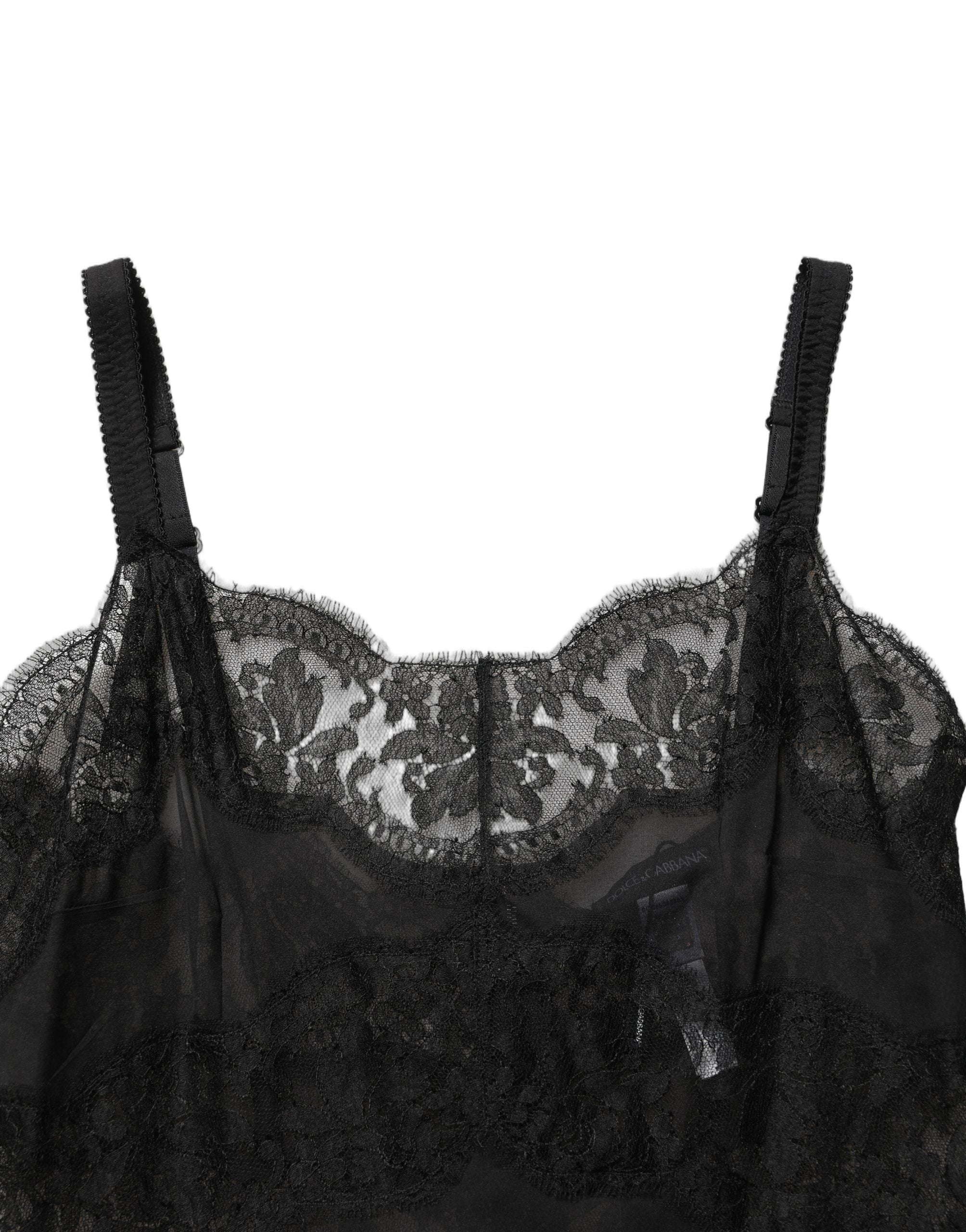 Dolce & Gabbana Schwarzes Seiden-Spitzen-Chemise-Nachthemd