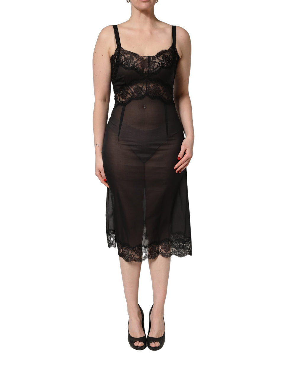 Dolce & Gabbana Schwarzes Seiden-Spitzen-Chemise-Nachthemd