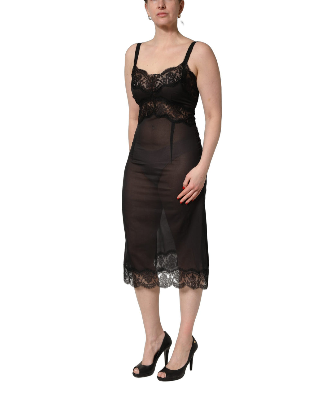 Dolce & Gabbana Schwarzes Seiden-Spitzen-Chemise-Nachthemd