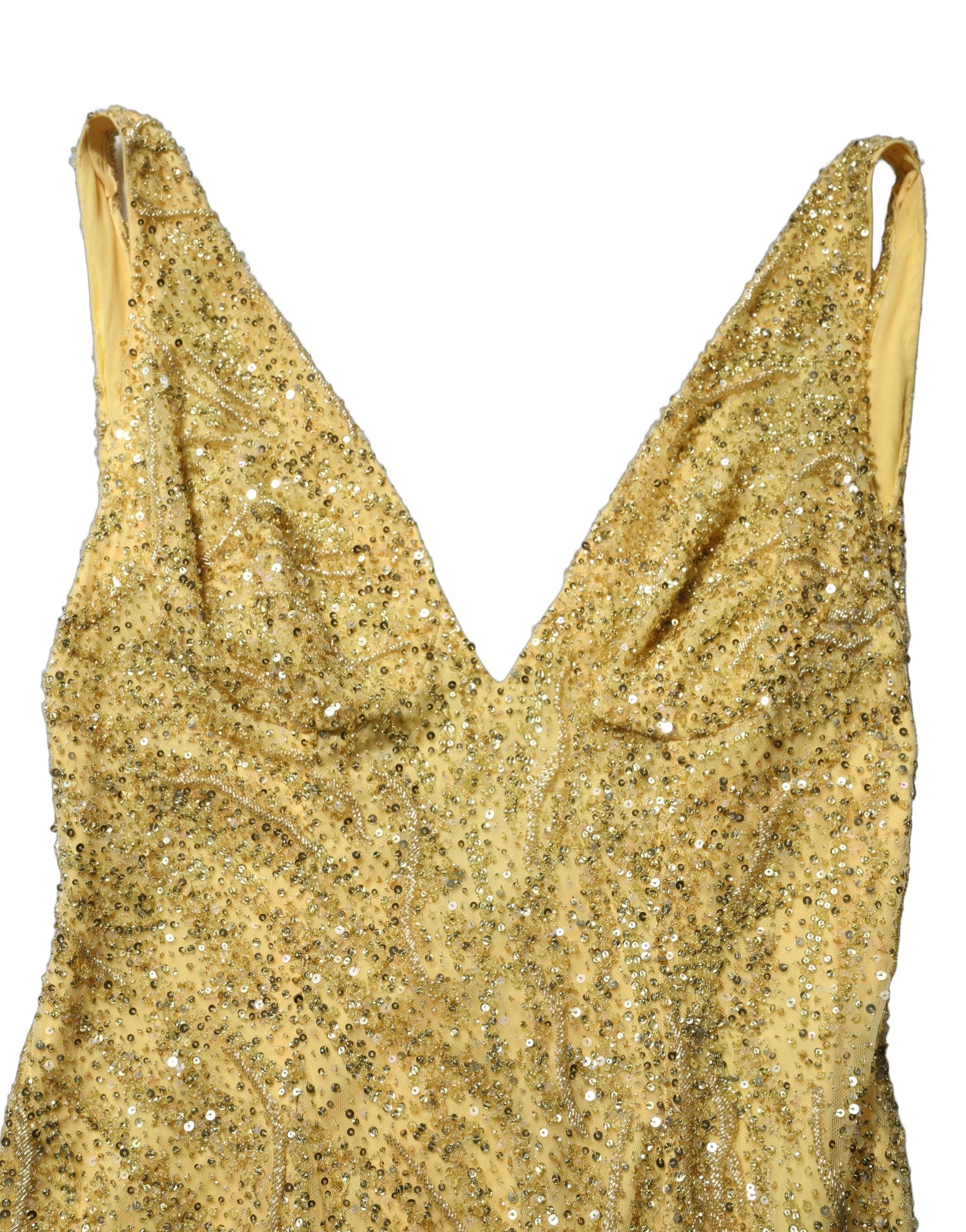 Dolce & Gabbana Goldfarbenes Pailletten-Abendkleid mit V-Ausschnitt und Meerjungfrauen-Silhouette