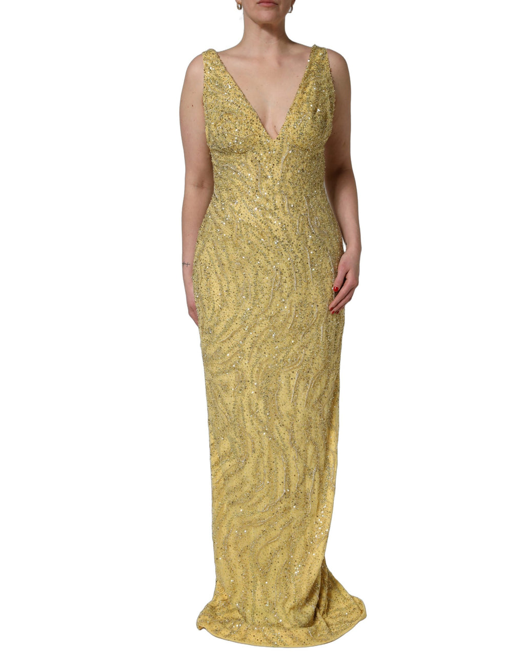 Dolce & Gabbana Goldfarbenes Pailletten-Abendkleid mit V-Ausschnitt und Meerjungfrauen-Silhouette