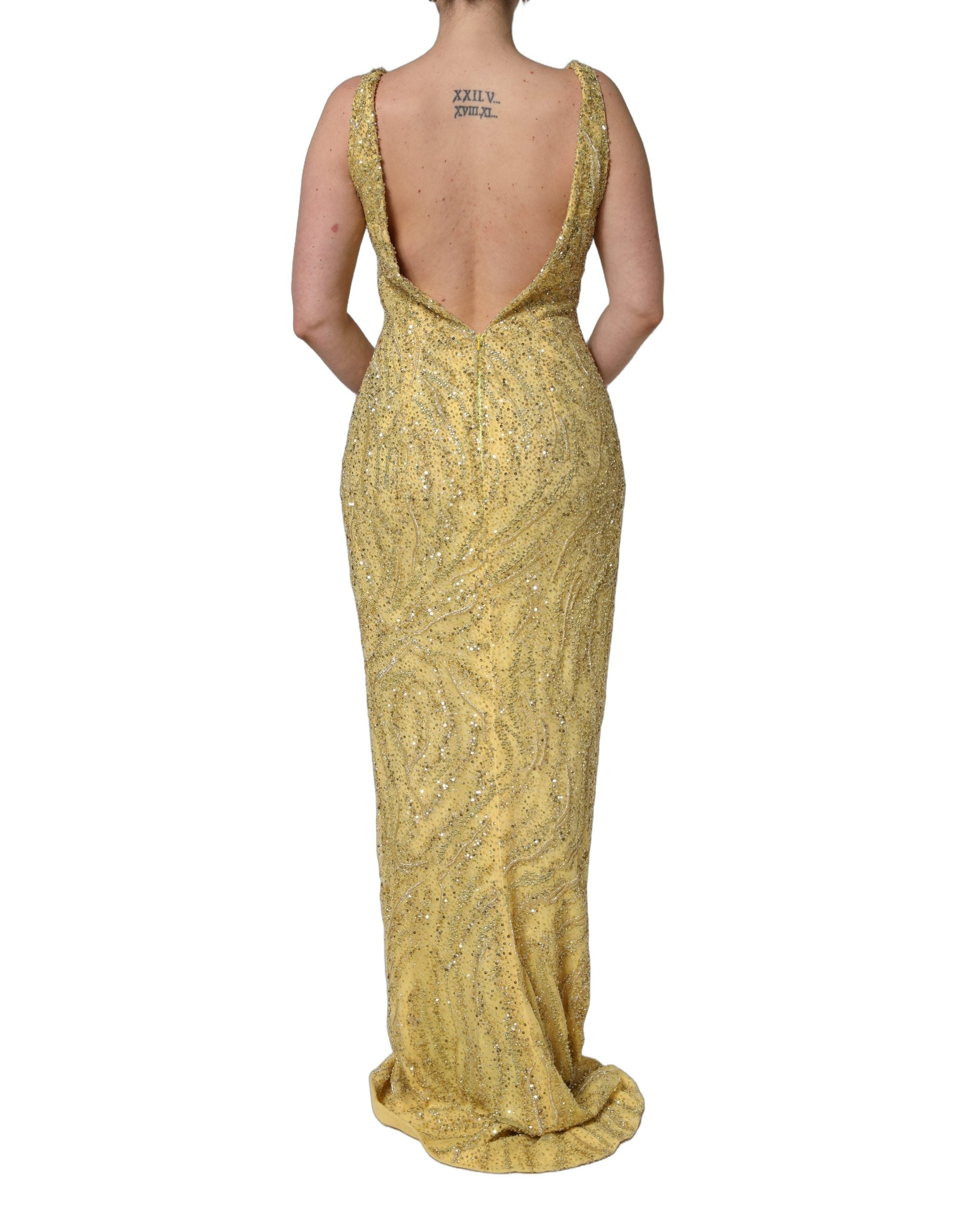 Dolce & Gabbana Goldfarbenes Pailletten-Abendkleid mit V-Ausschnitt und Meerjungfrauen-Silhouette