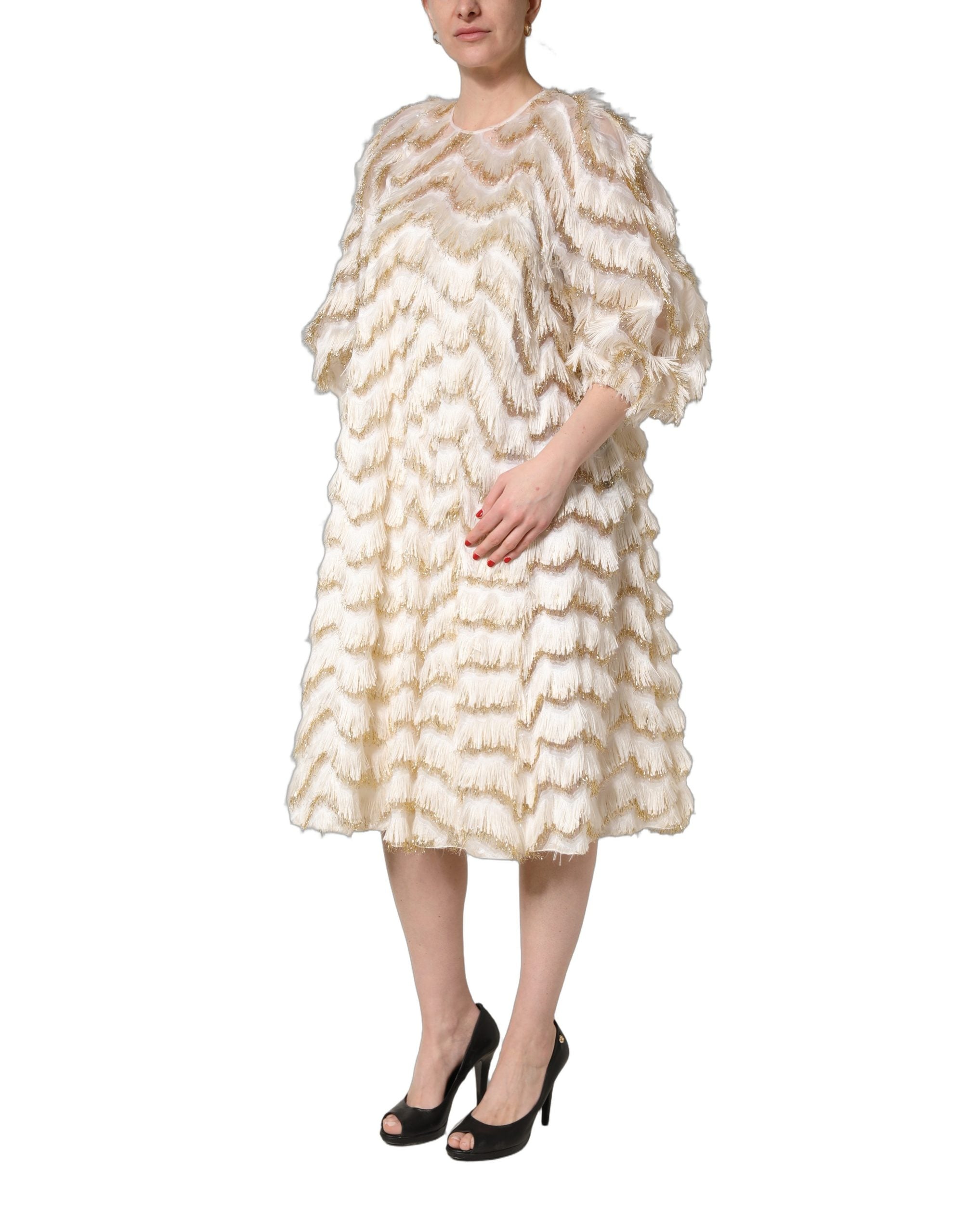 Dolce & Gabbana Elfenbeinfarbenes Midikleid mit Fransenlagen