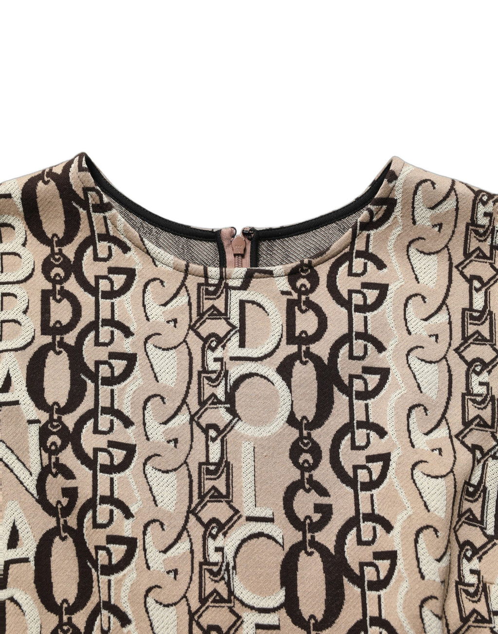 Dolce & Gabbana Braunes Etuikleid mit DG-Logo-Kette und kurzen Ärmeln