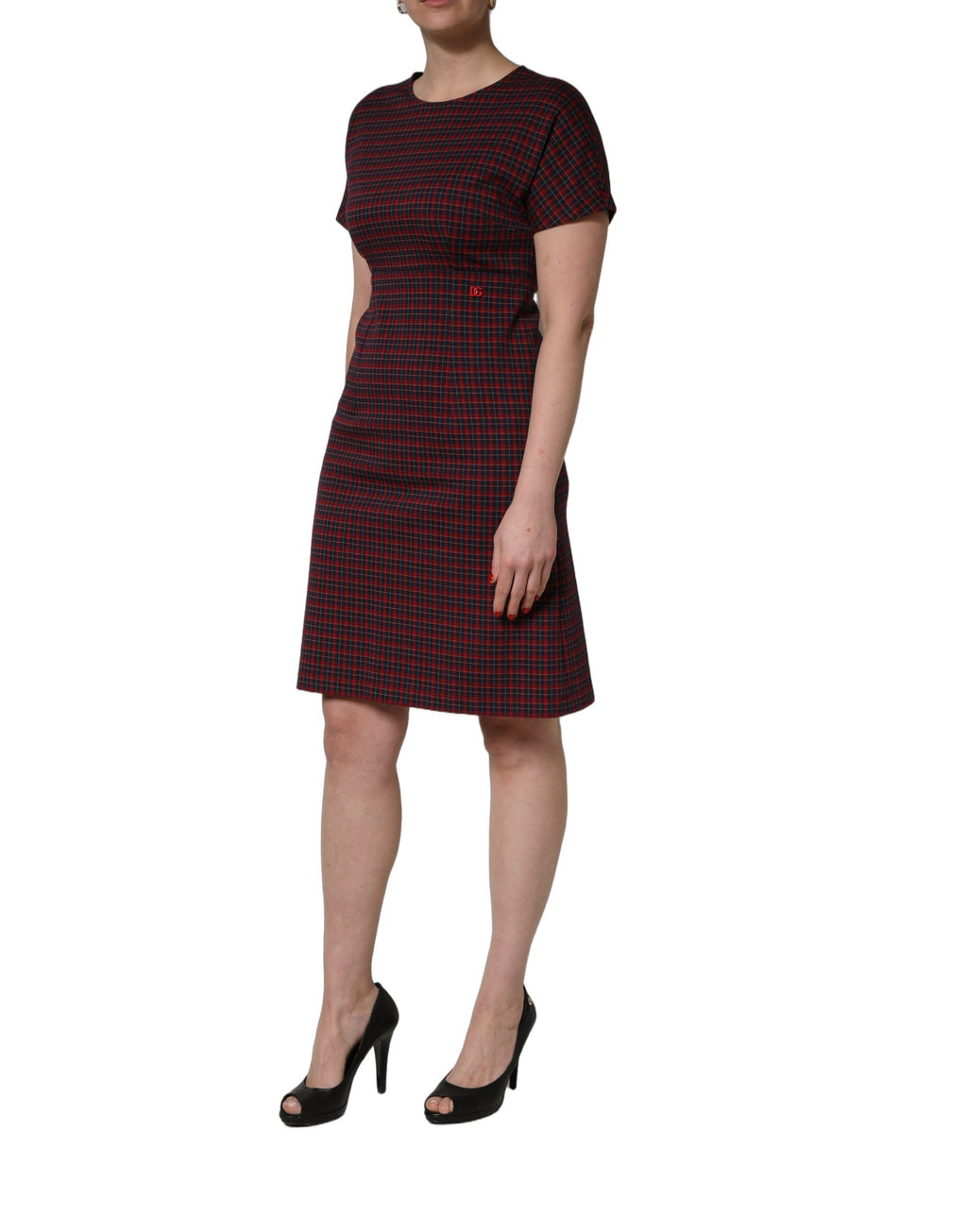 Dolce & Gabbana Kurzes Etuikleid mit kurzen Ärmeln und rot-schwarzem Karomuster