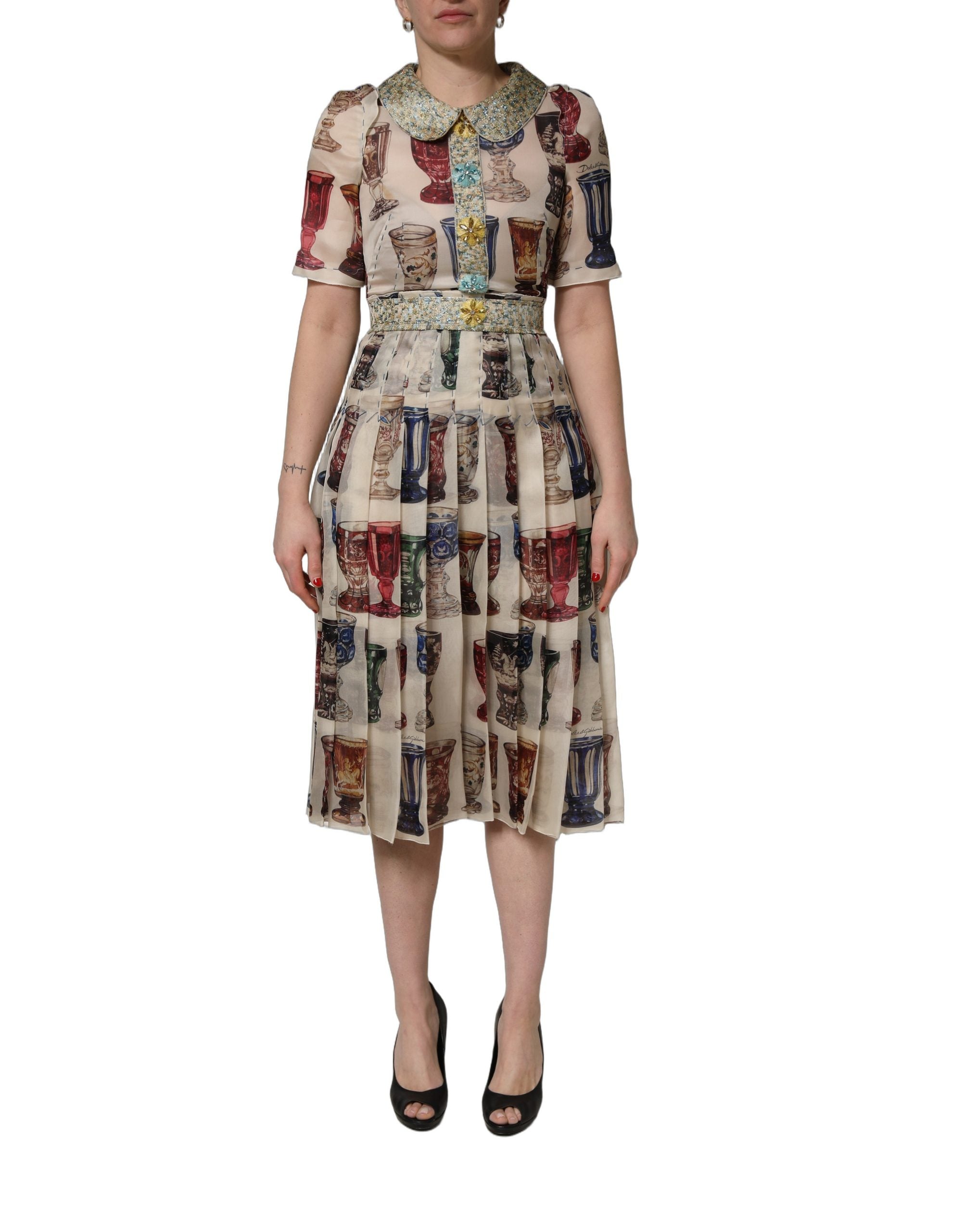 Dolce & Gabbana Midi-Kleid mit Vintage-Glasdekor in Multicolor