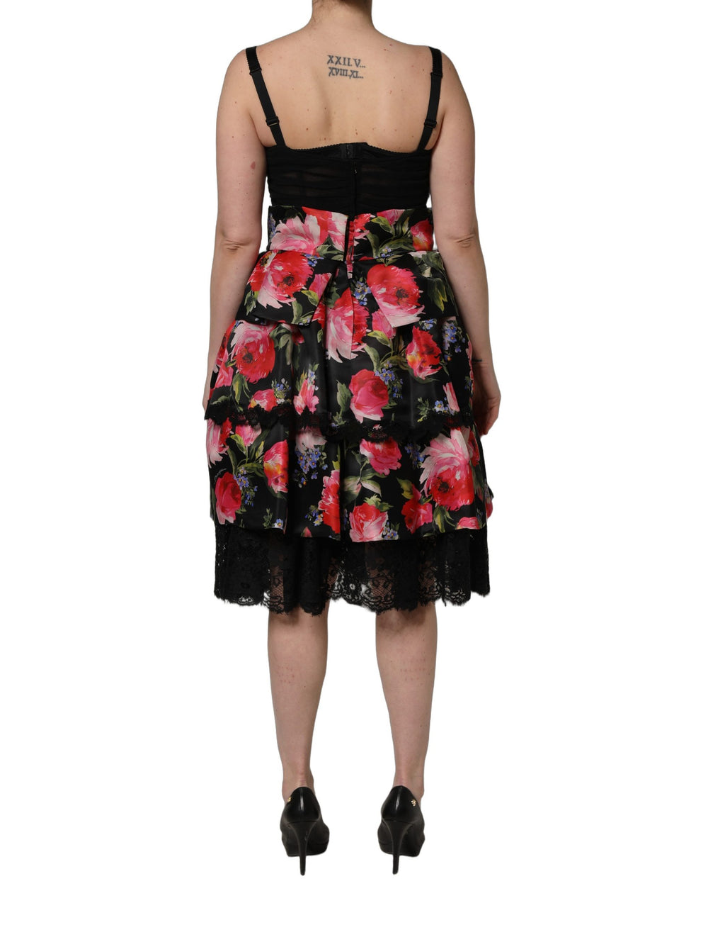 Dolce & Gabbana Schwarzes Bustier-Kleid ohne Ärmel mit Blumenprint und Stufenrock