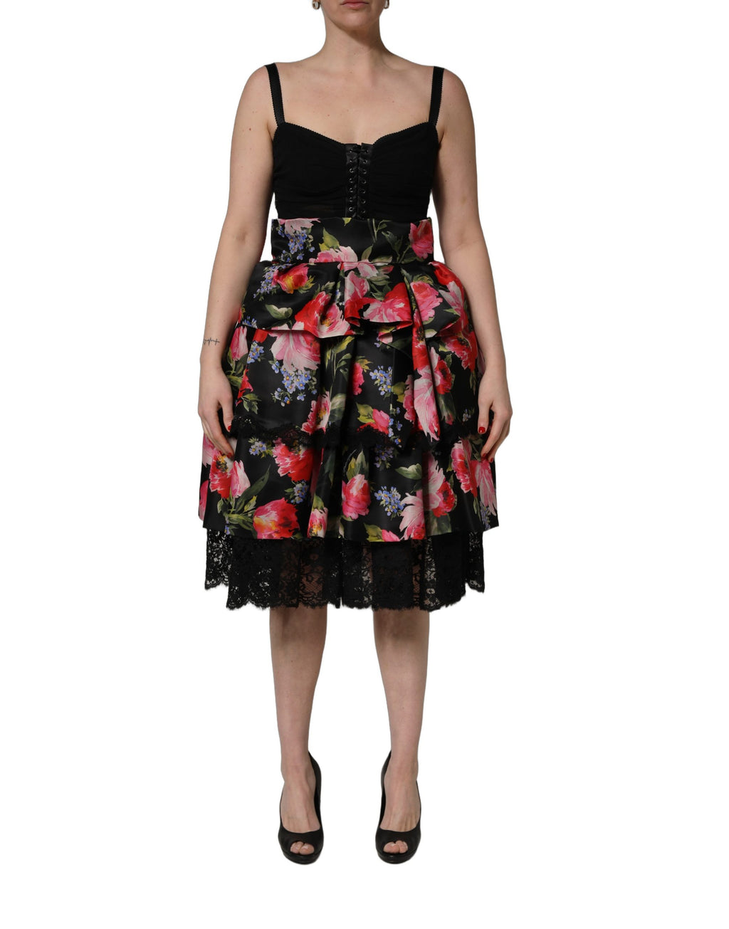 Dolce & Gabbana Schwarzes Bustier-Kleid ohne Ärmel mit Blumenprint und Stufenrock