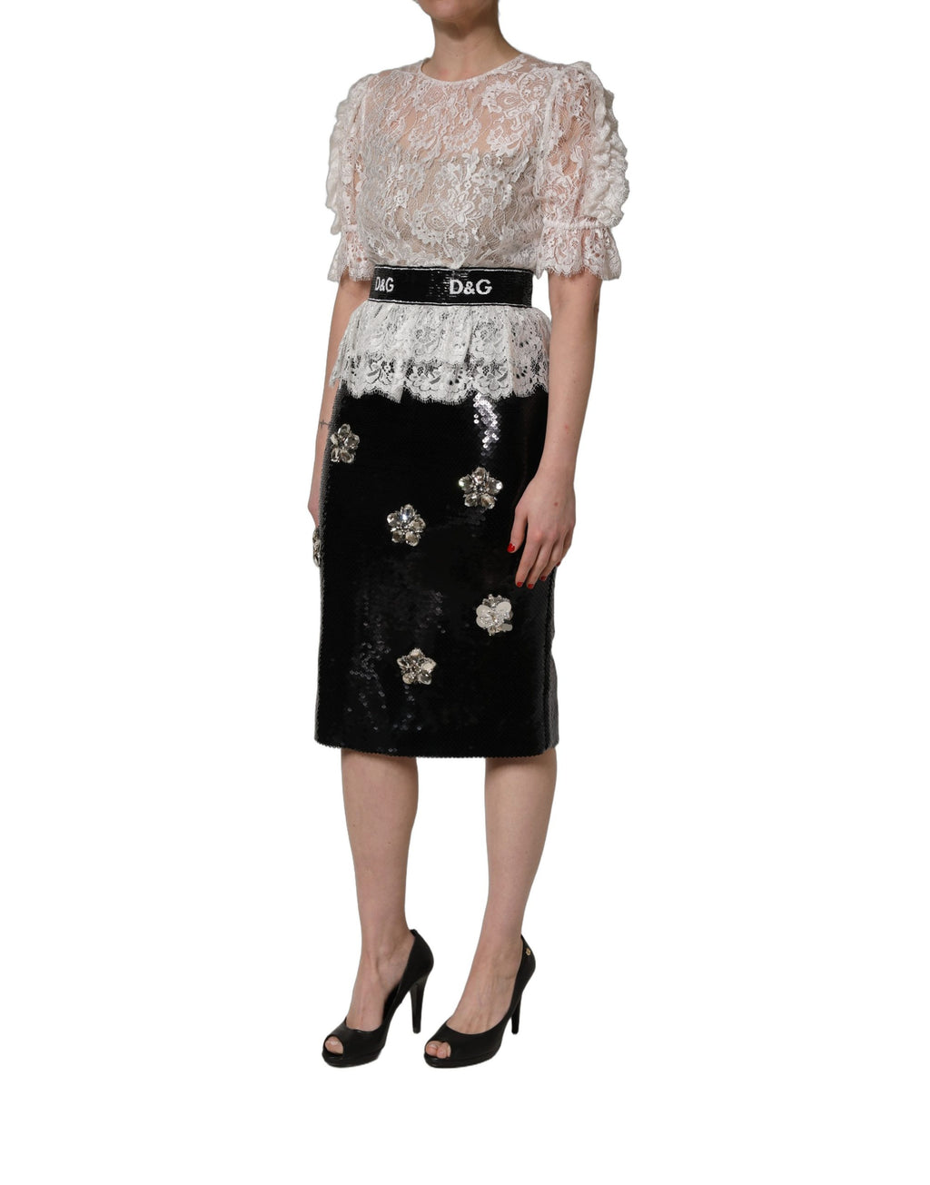 Dolce & Gabbana Kleid aus weißer Spitze mit schwarzem Rock und Verzierungen