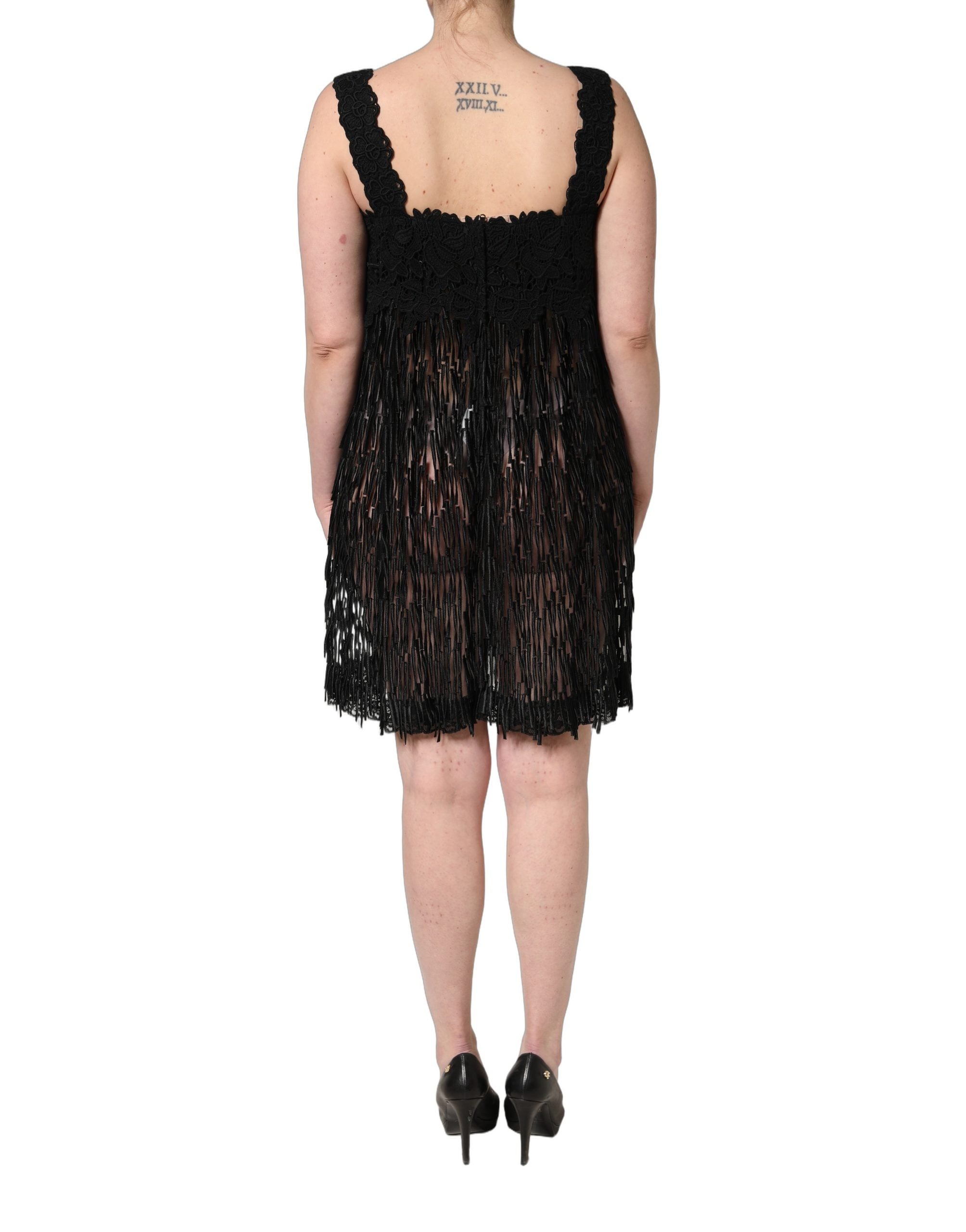 Dolce & Gabbana Elegantes schwarzes ärmelloses Minikleid aus Viskose mit Fransen