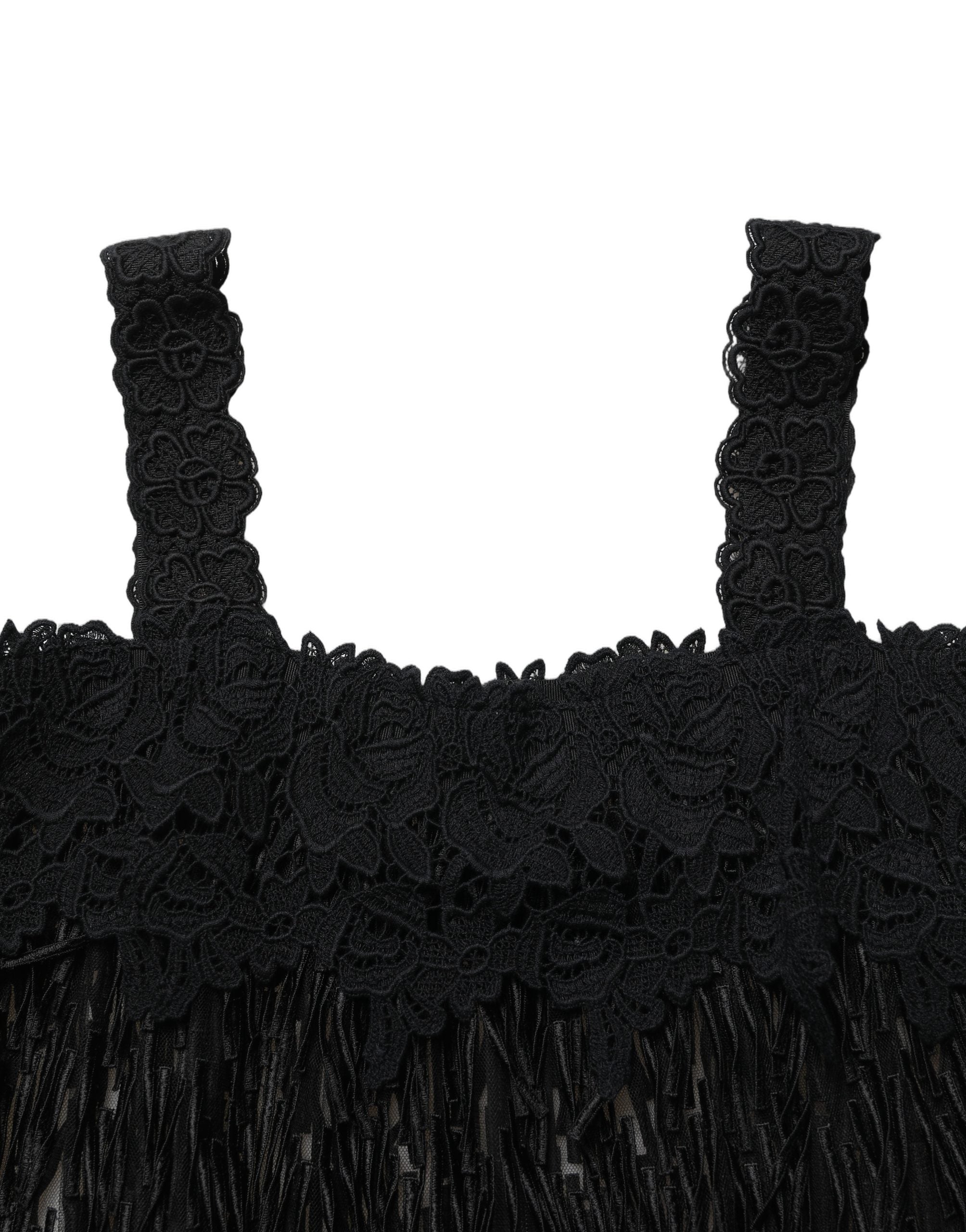 Dolce & Gabbana Elegantes schwarzes ärmelloses Minikleid aus Viskose mit Fransen