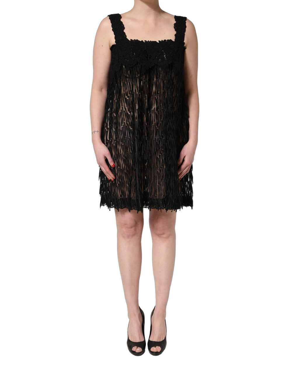 Dolce & Gabbana Elegantes schwarzes ärmelloses Minikleid aus Viskose mit Fransen