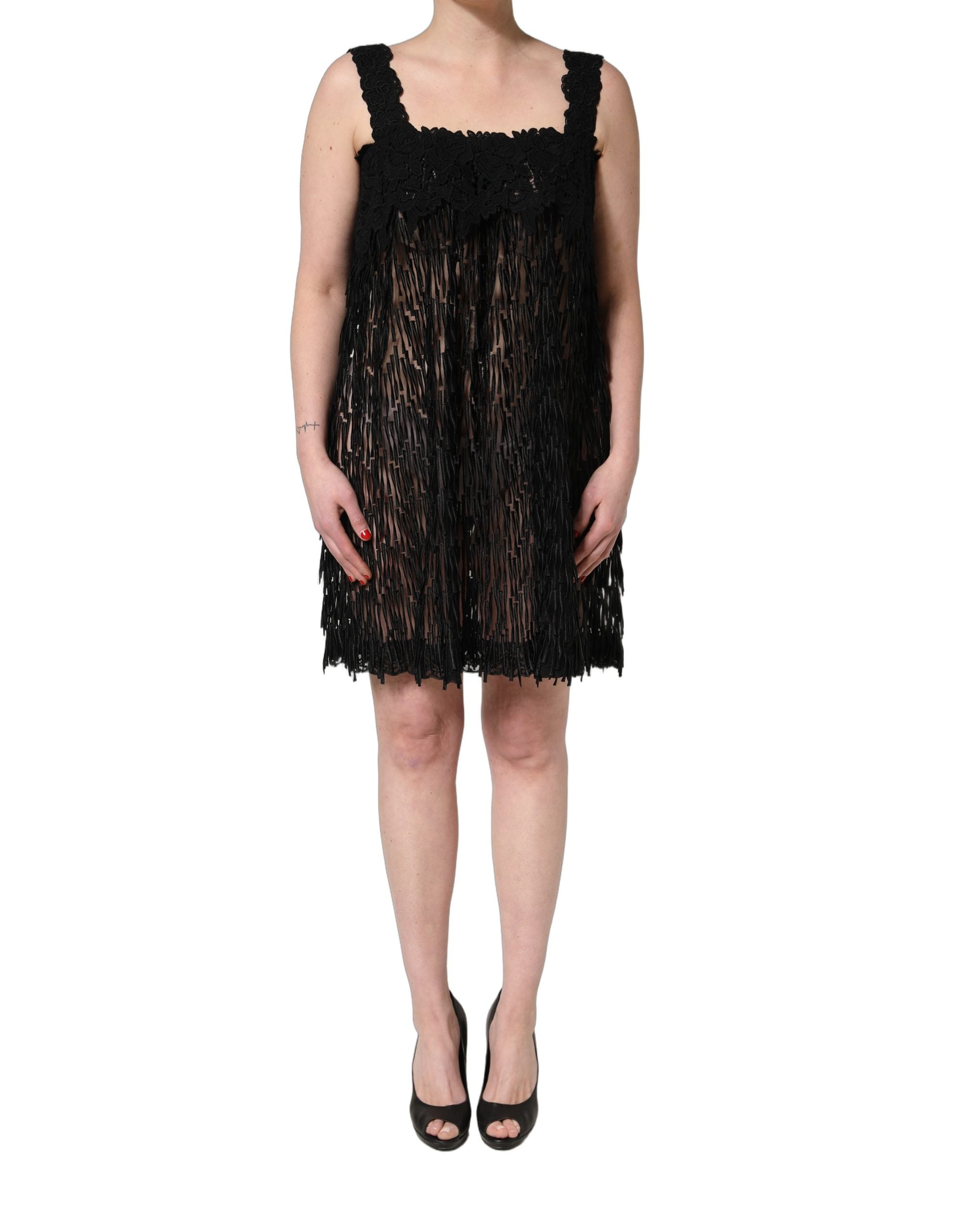 Dolce & Gabbana Elegantes schwarzes ärmelloses Minikleid aus Viskose mit Fransen