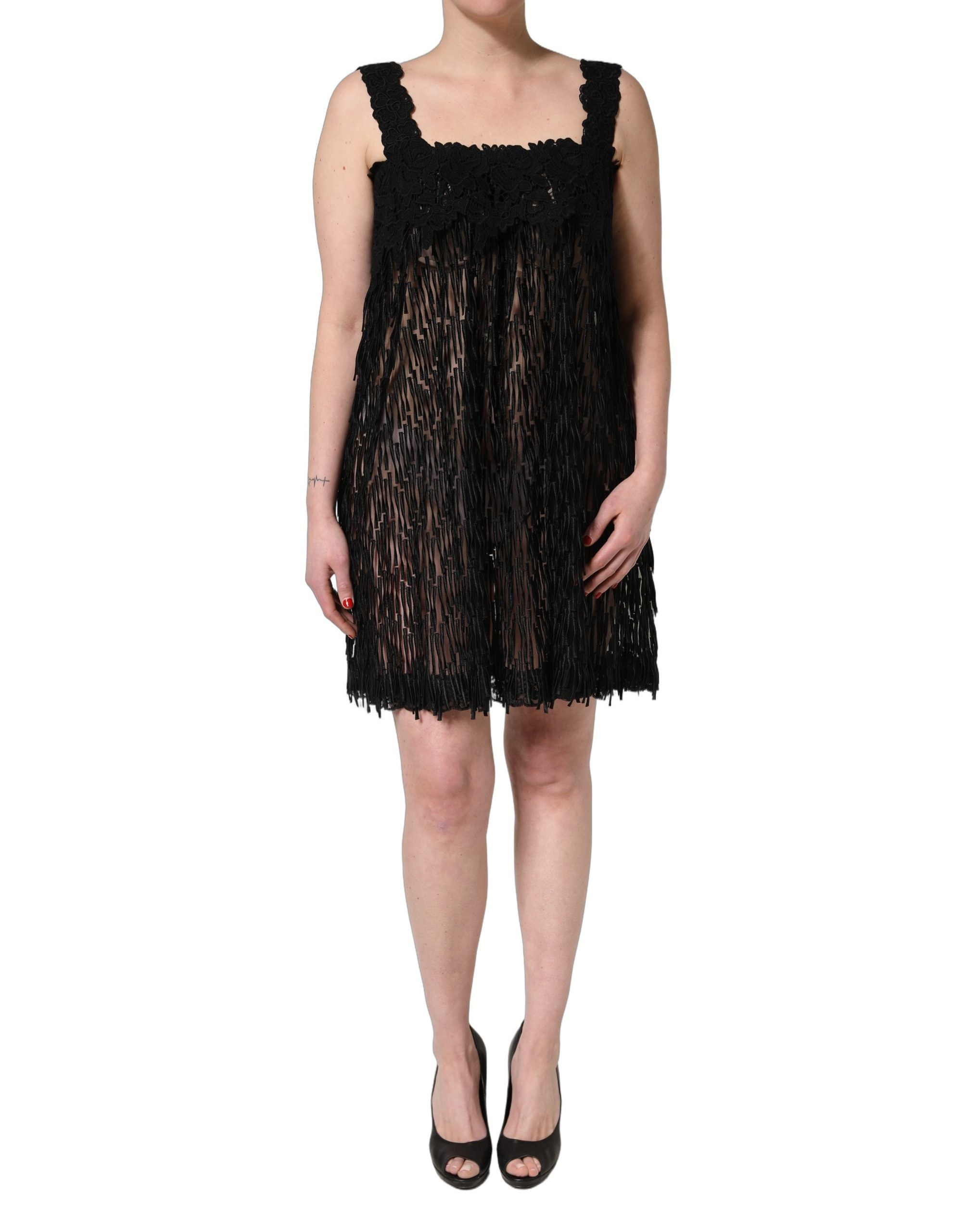 Dolce & Gabbana Elegantes schwarzes ärmelloses Minikleid aus Viskose mit Fransen