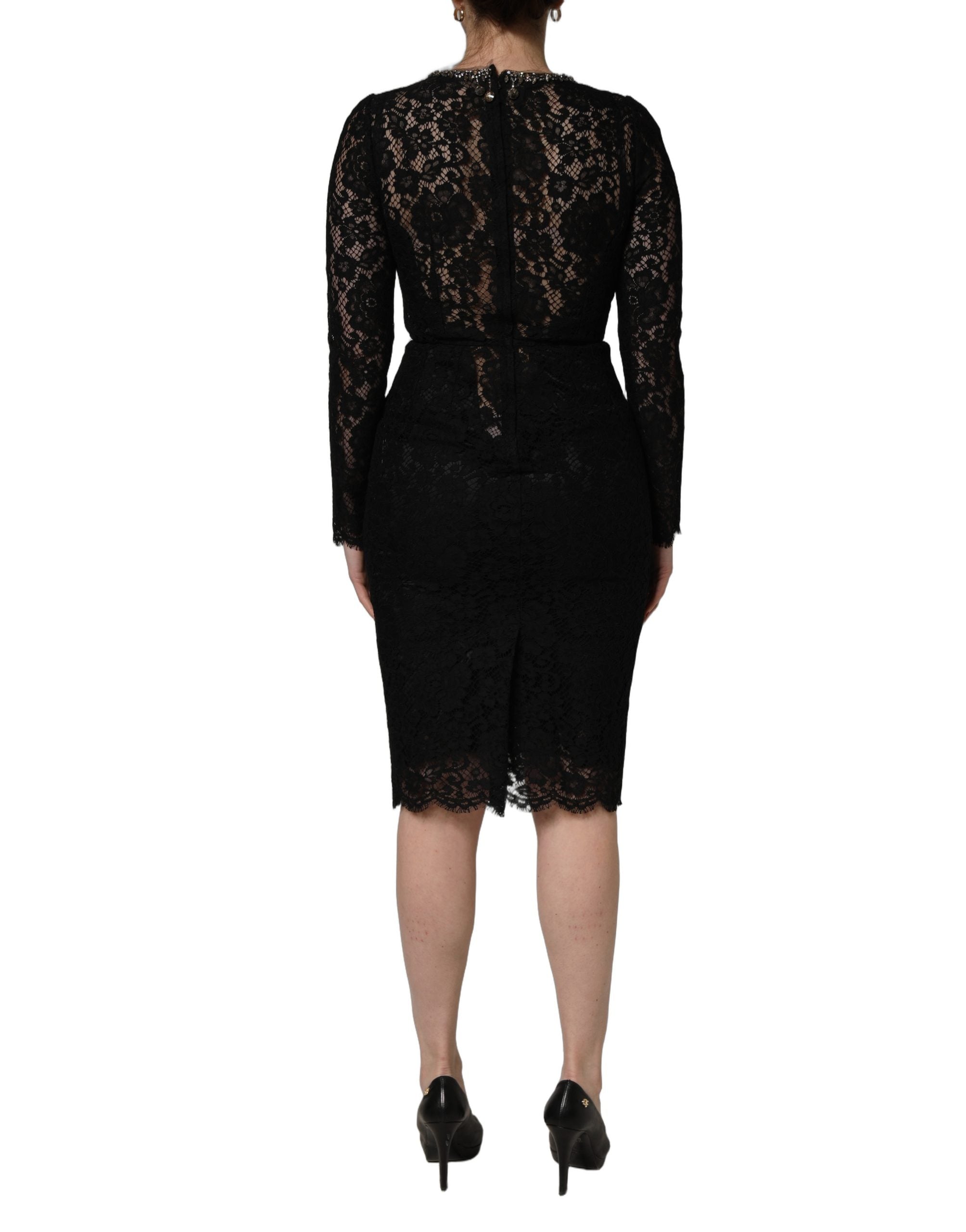 Dolce & Gabbana Elegantes Etuikleid mit schwarzen Kristallverzierungen, Midi-Länge